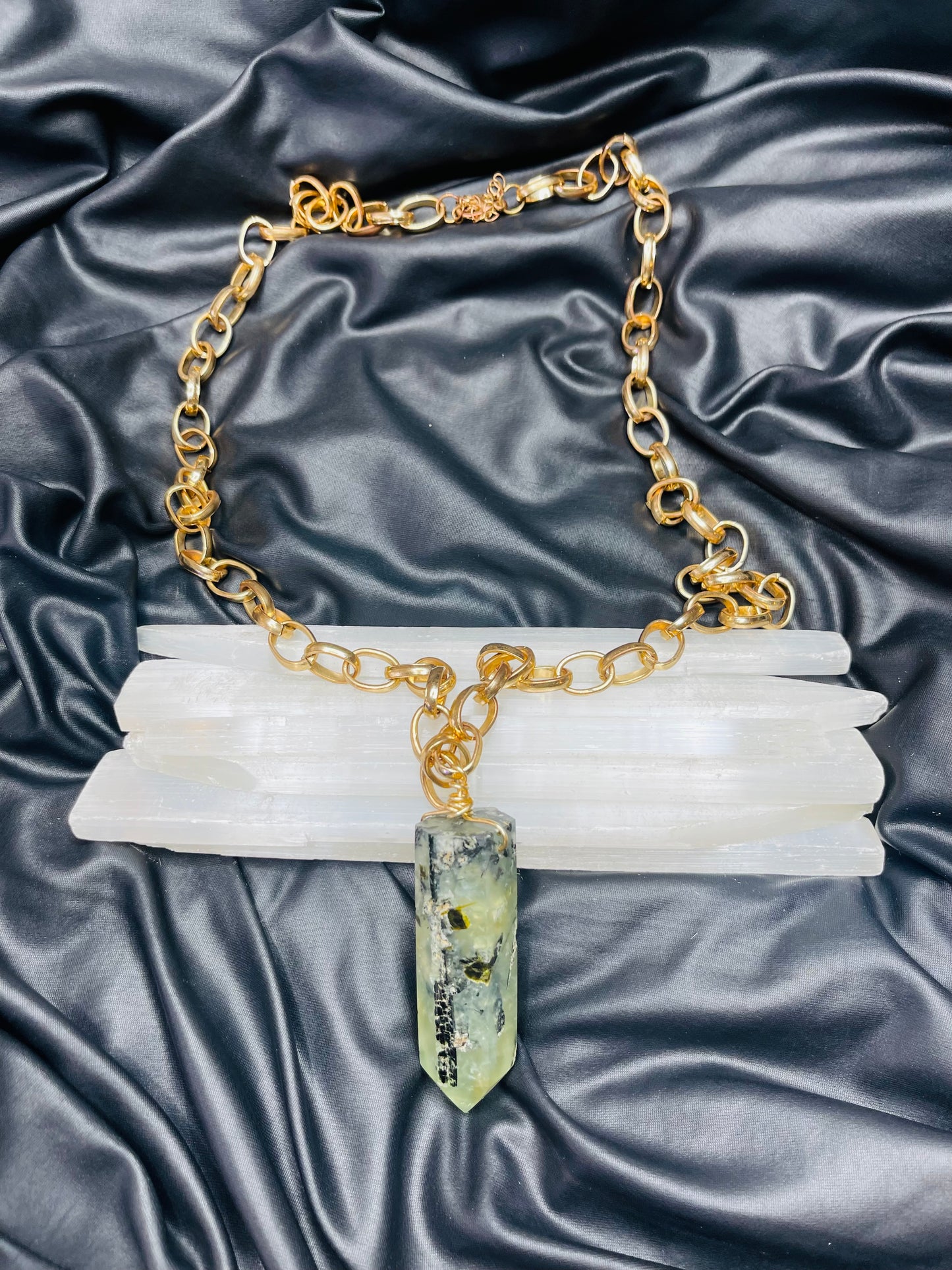 Tourmalated! Prehnite with druzy and Black Tourmaline Crystal Soul Chain Necklace - Vintage Gold Chain- Akashic Records Collection