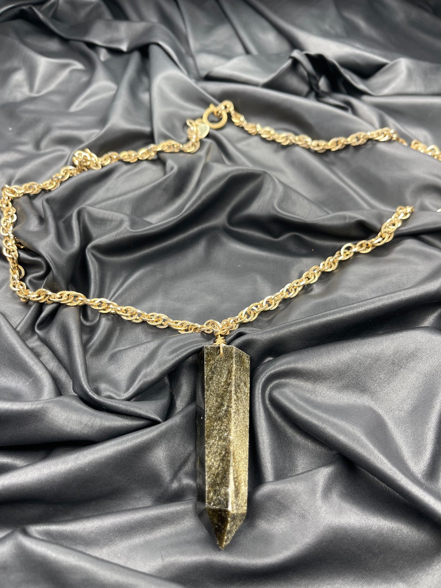 Massive Manifestations Root Chakra Gold Sheen Black Obsidian Crystal Soul Chain Hand wrapped on vintage chain