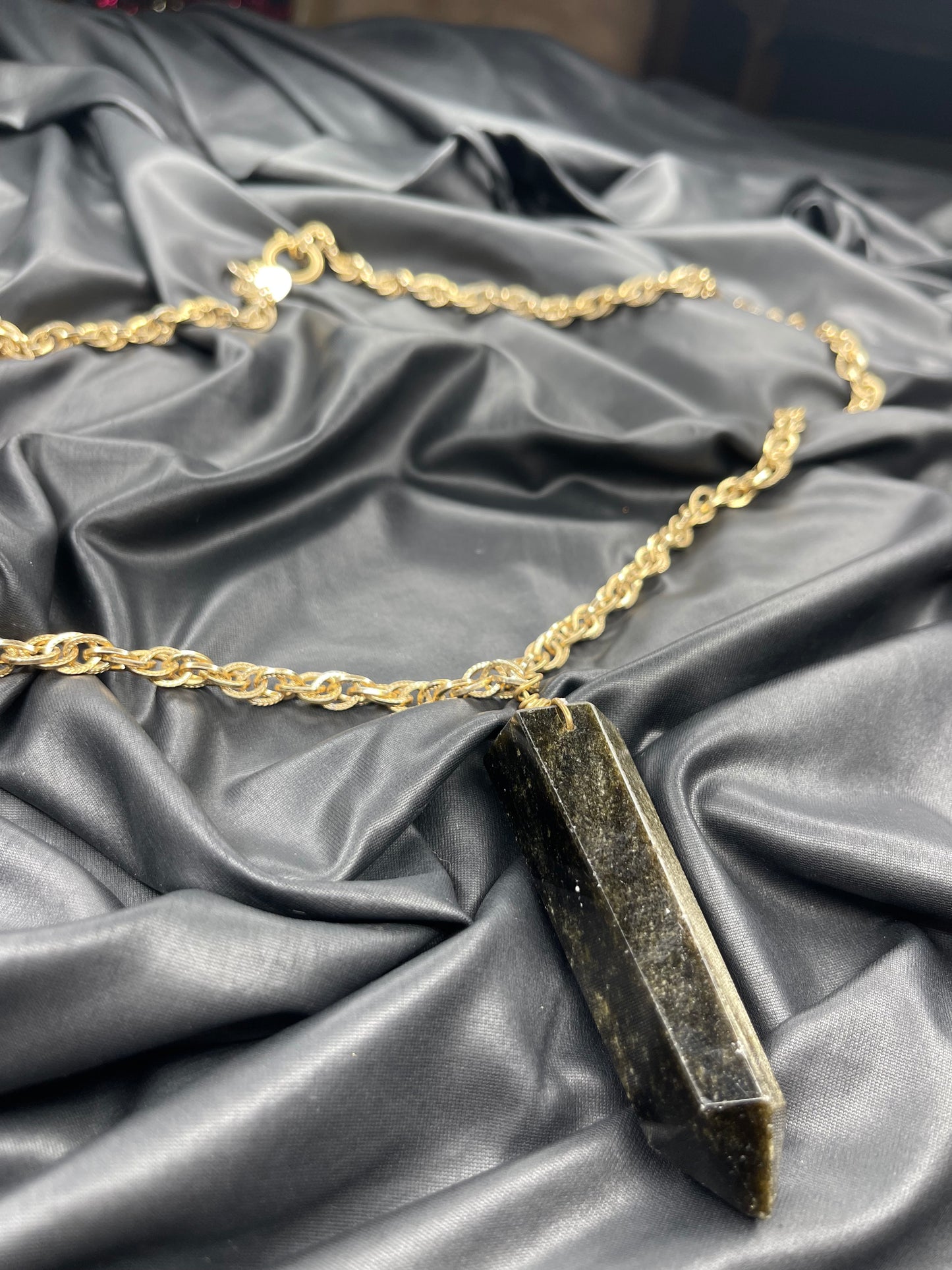 Massive Manifestations Root Chakra Gold Sheen Black Obsidian Crystal Soul Chain Hand wrapped on vintage chain