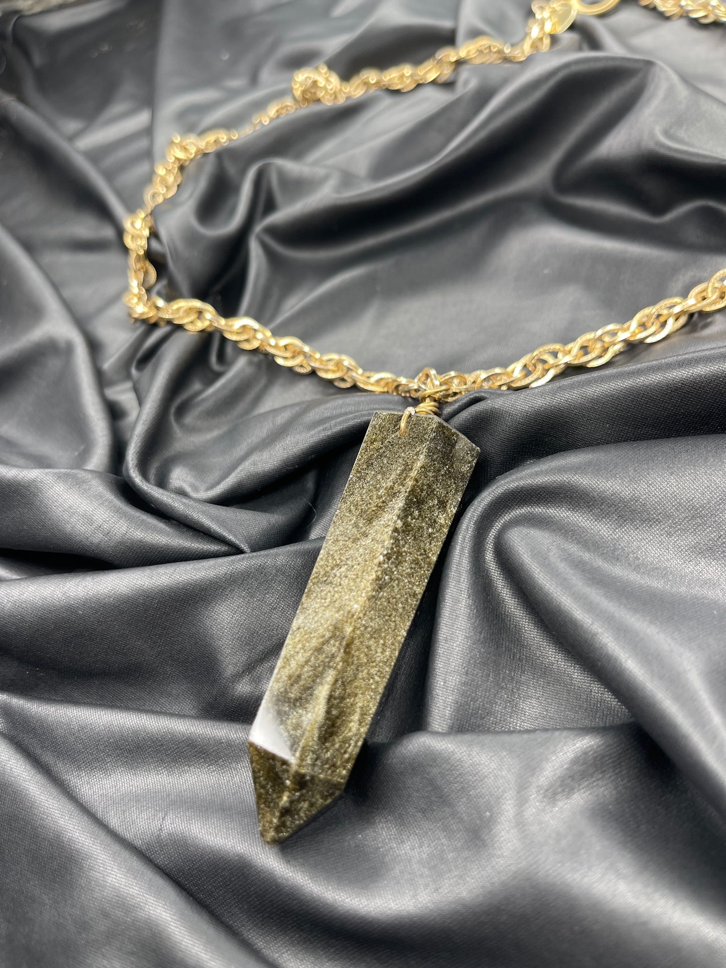 Massive Manifestations Root Chakra Gold Sheen Black Obsidian Crystal Soul Chain Hand wrapped on vintage chain