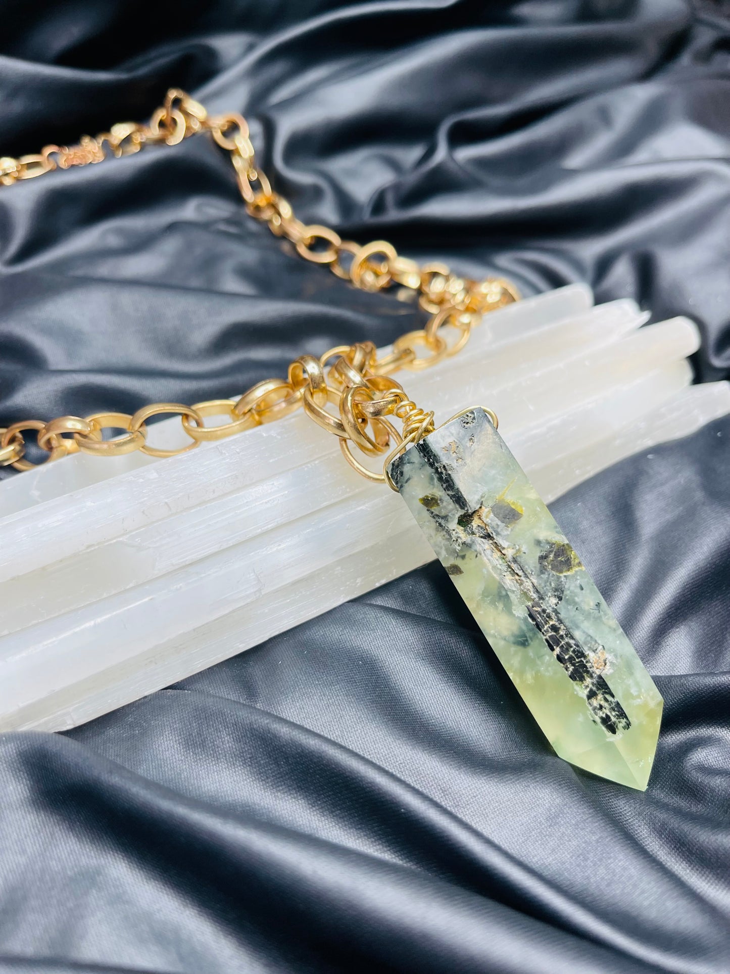 Tourmalated! Prehnite with druzy and Black Tourmaline Crystal Soul Chain Necklace - Vintage Gold Chain- Akashic Records Collection