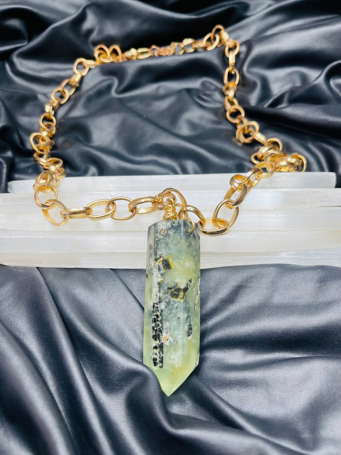 Tourmalated! Prehnite with druzy and Black Tourmaline Crystal Soul Chain Necklace - Vintage Gold Chain- Akashic Records Collection