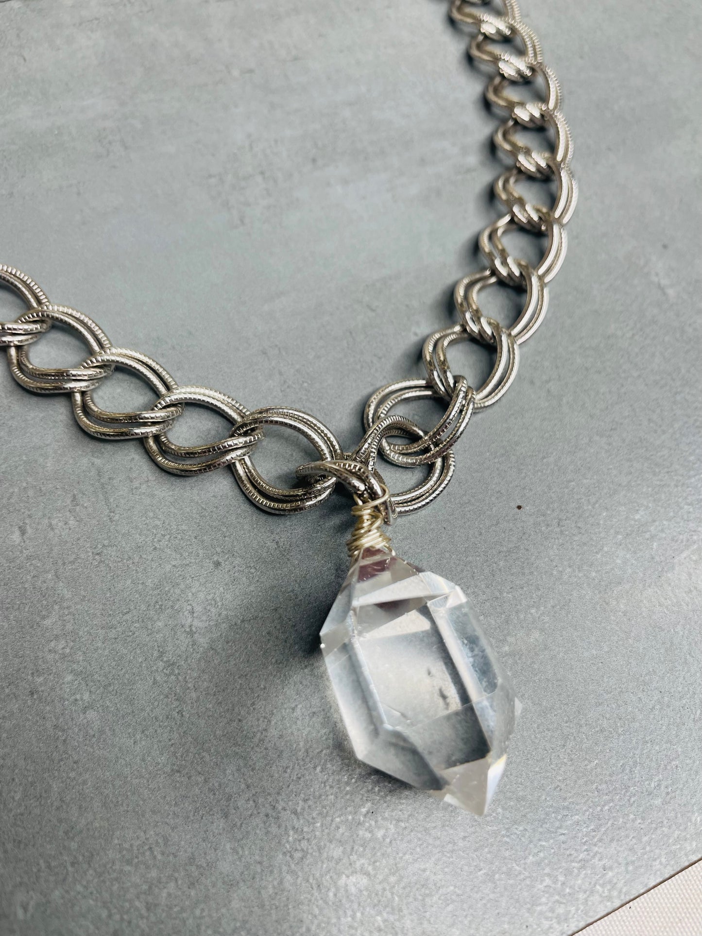 Renaissance Silver Bey
Chunky Gem Cut Clear Quartz Soul Chain w Vintage Silver Plated Chain