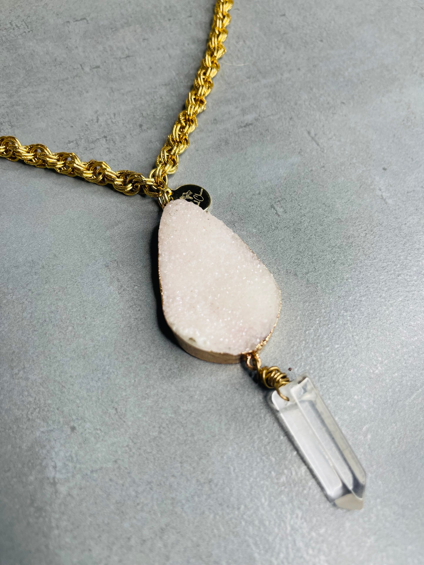 Glittery Lux Druzy Gem Clear Quartz Crystal Soul Chain