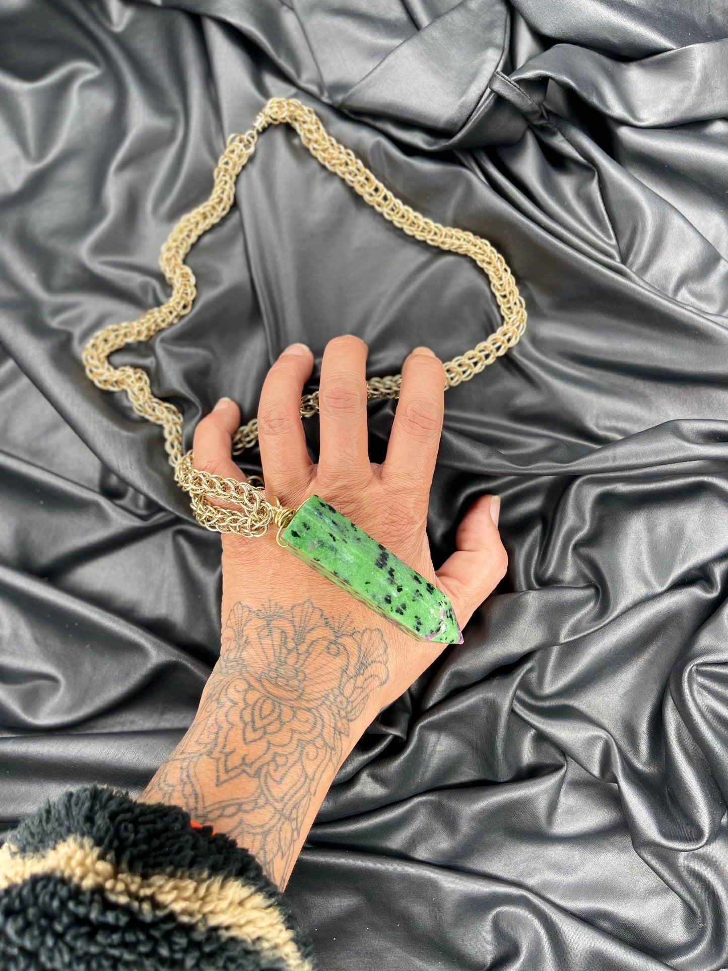 Ruby Zoisite Crystal Soul Chain Necklace - Vintage Gold Chain- Akashic Records Collection