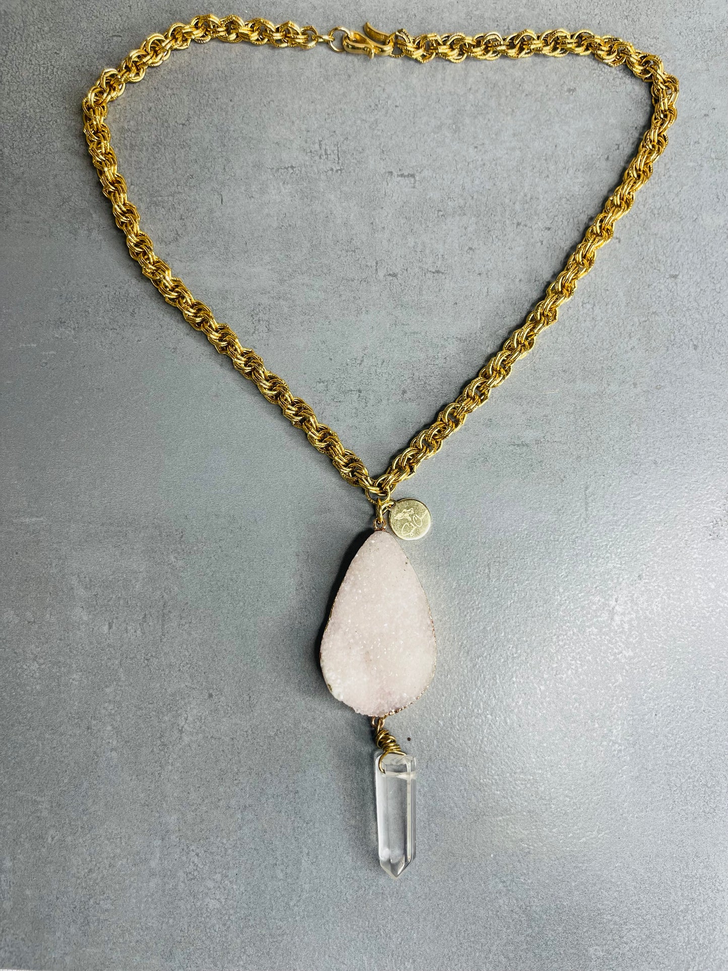 Glittery Lux Druzy Gem Clear Quartz Crystal Soul Chain