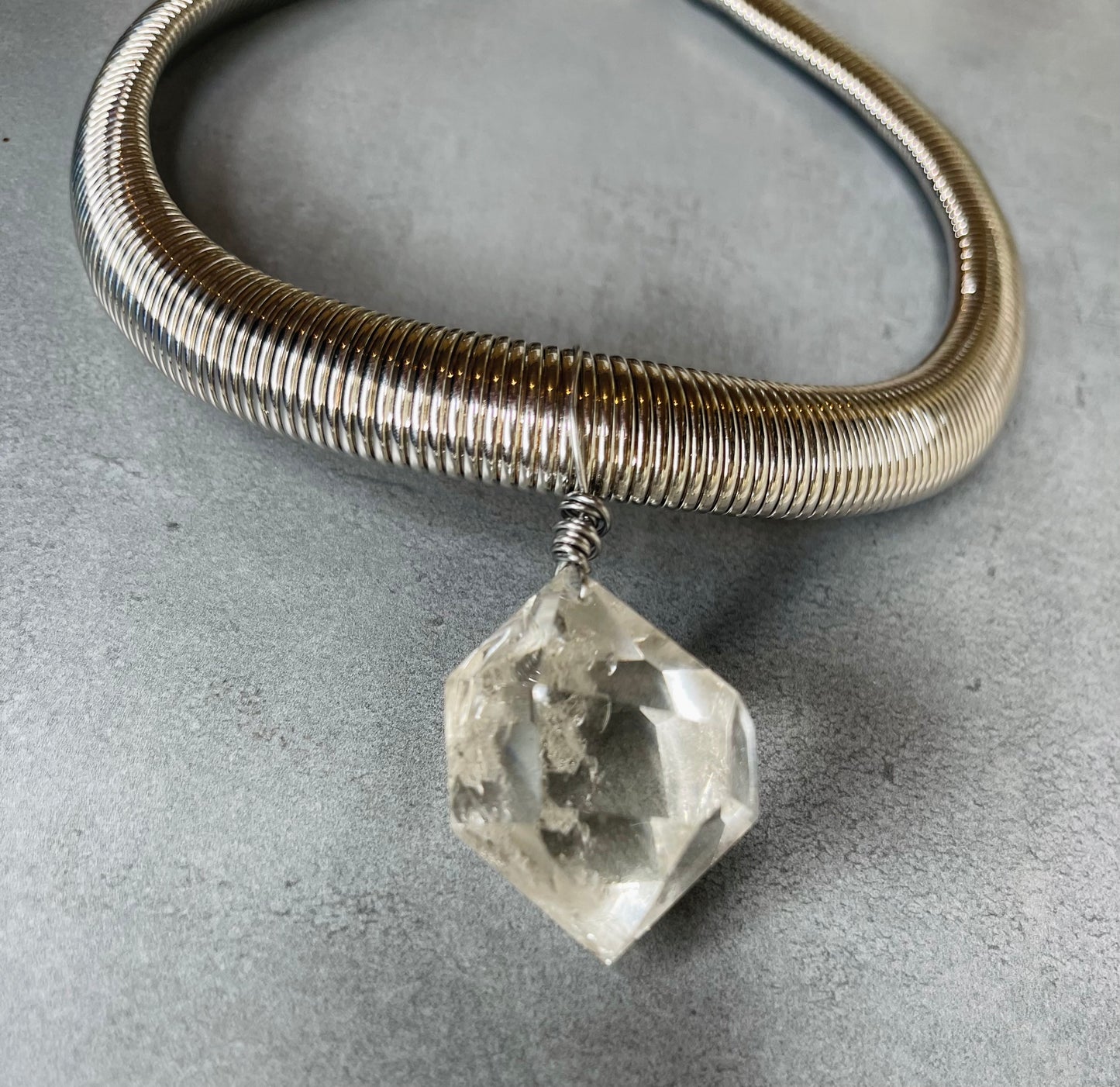 Renaissance Silver Chunky Gem Cut Clear Quartz Soul Chain w Vintage Silver Plated Chain