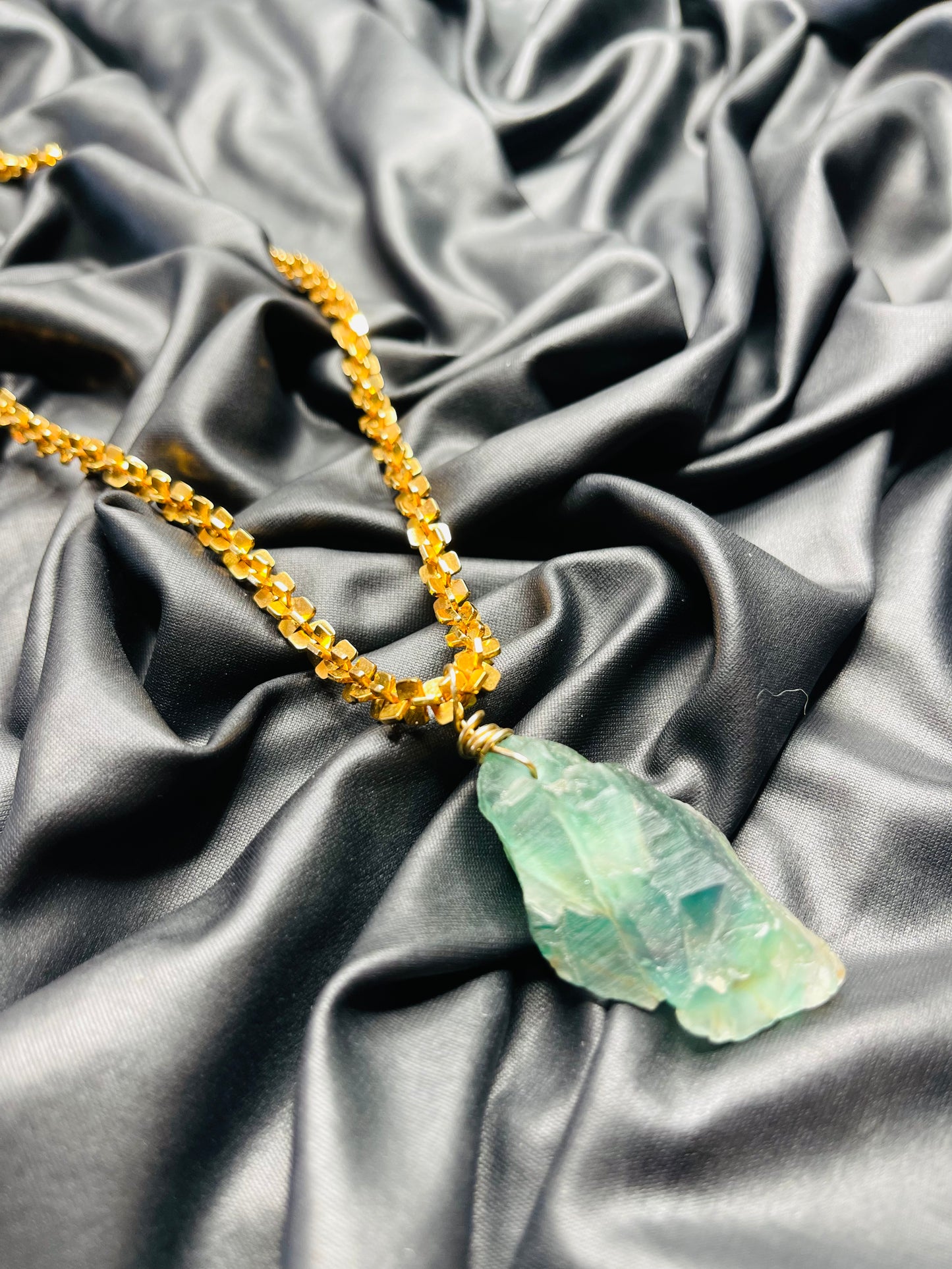 Chunky Raw Rainbow Fluorite Crystal Nugget - Vintage Gold Soul Chain Necklace