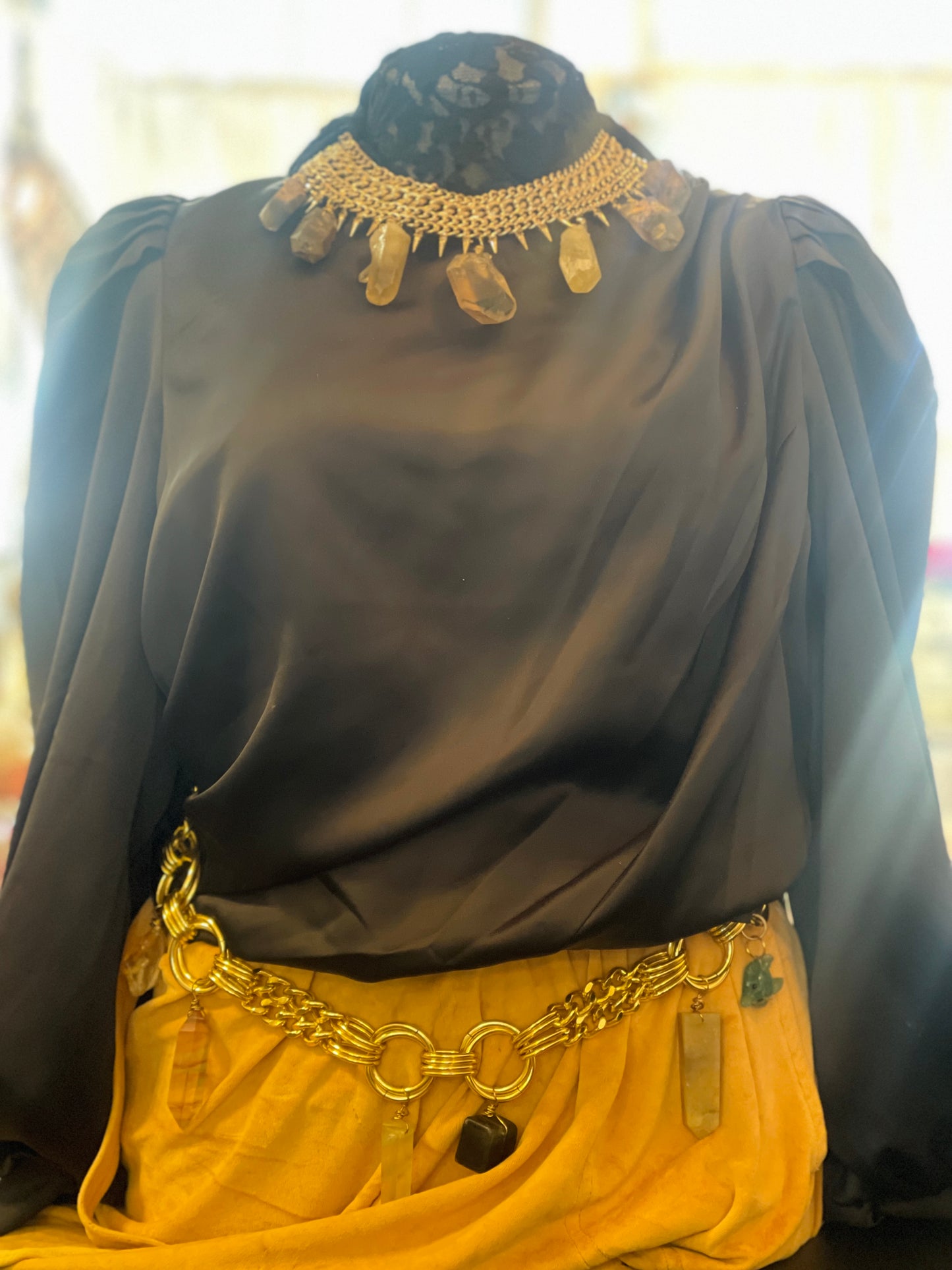 Vintage Sude Choker with Raw Citrine and Garden Quartz Crystal Soul Chain gold Plated Vintage Necklace