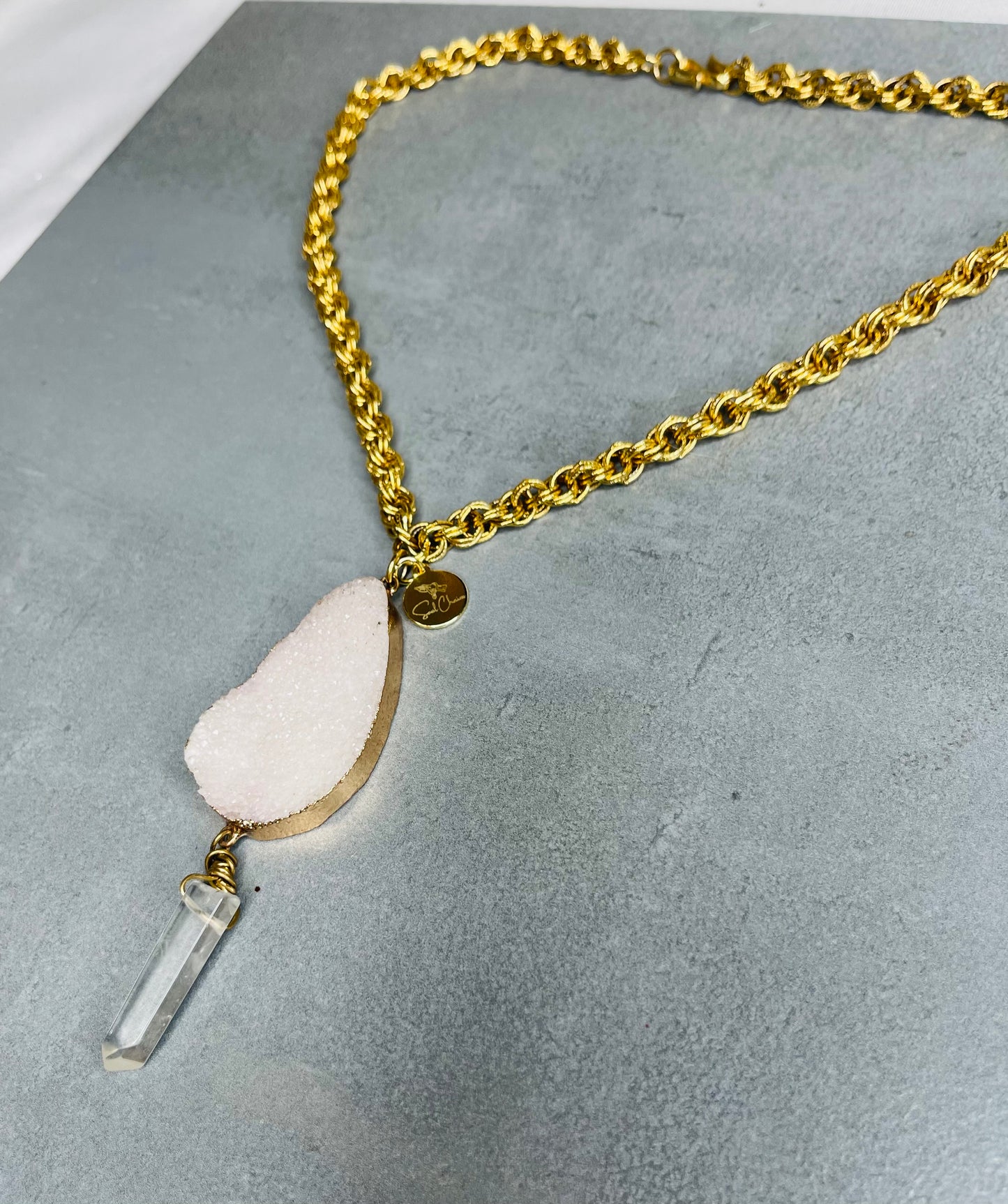 Glittery Lux Druzy Gem Clear Quartz Crystal Soul Chain
