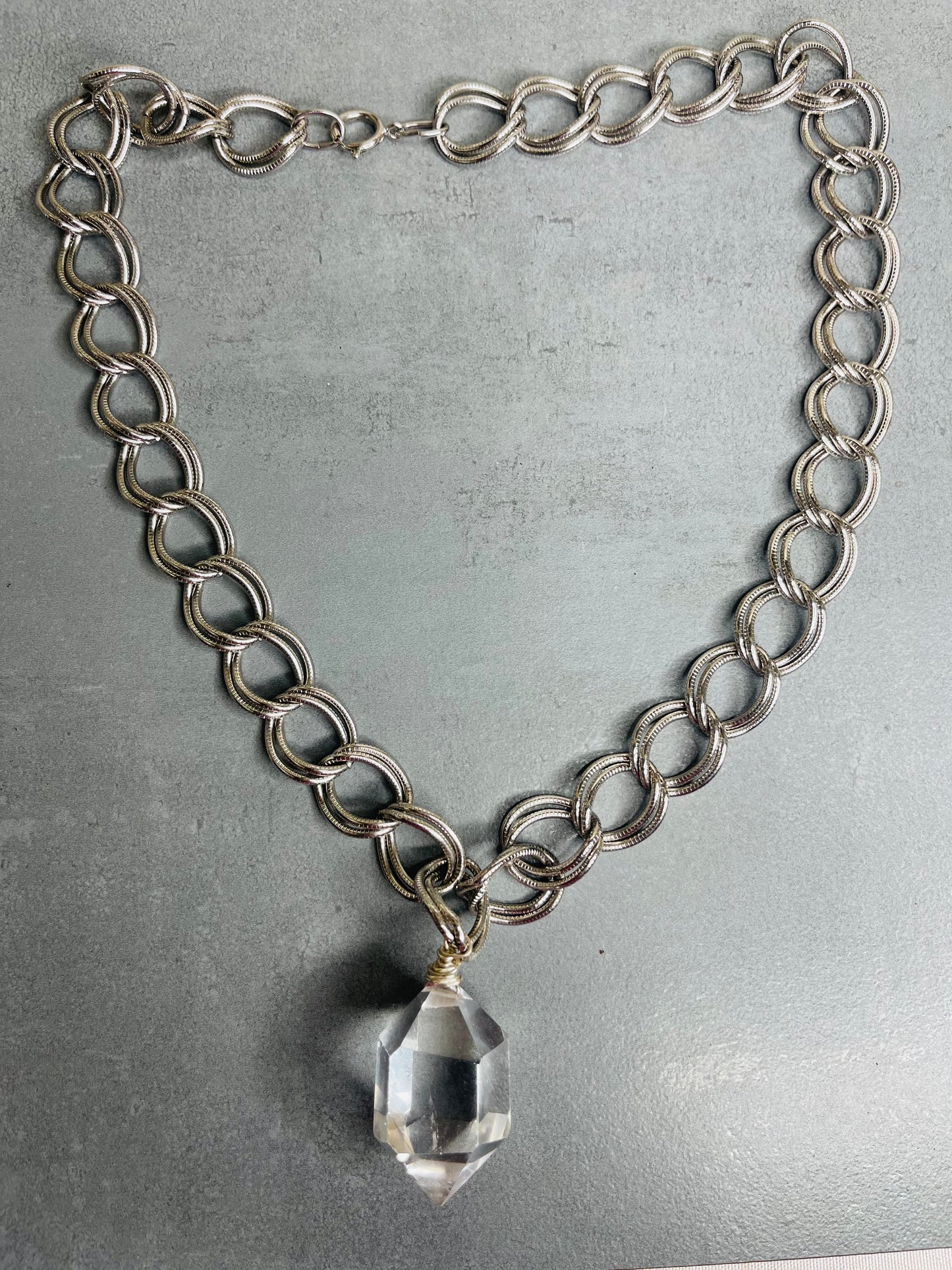 Renaissance Silver Bey
Chunky Gem Cut Clear Quartz Soul Chain w Vintage Silver Plated Chain