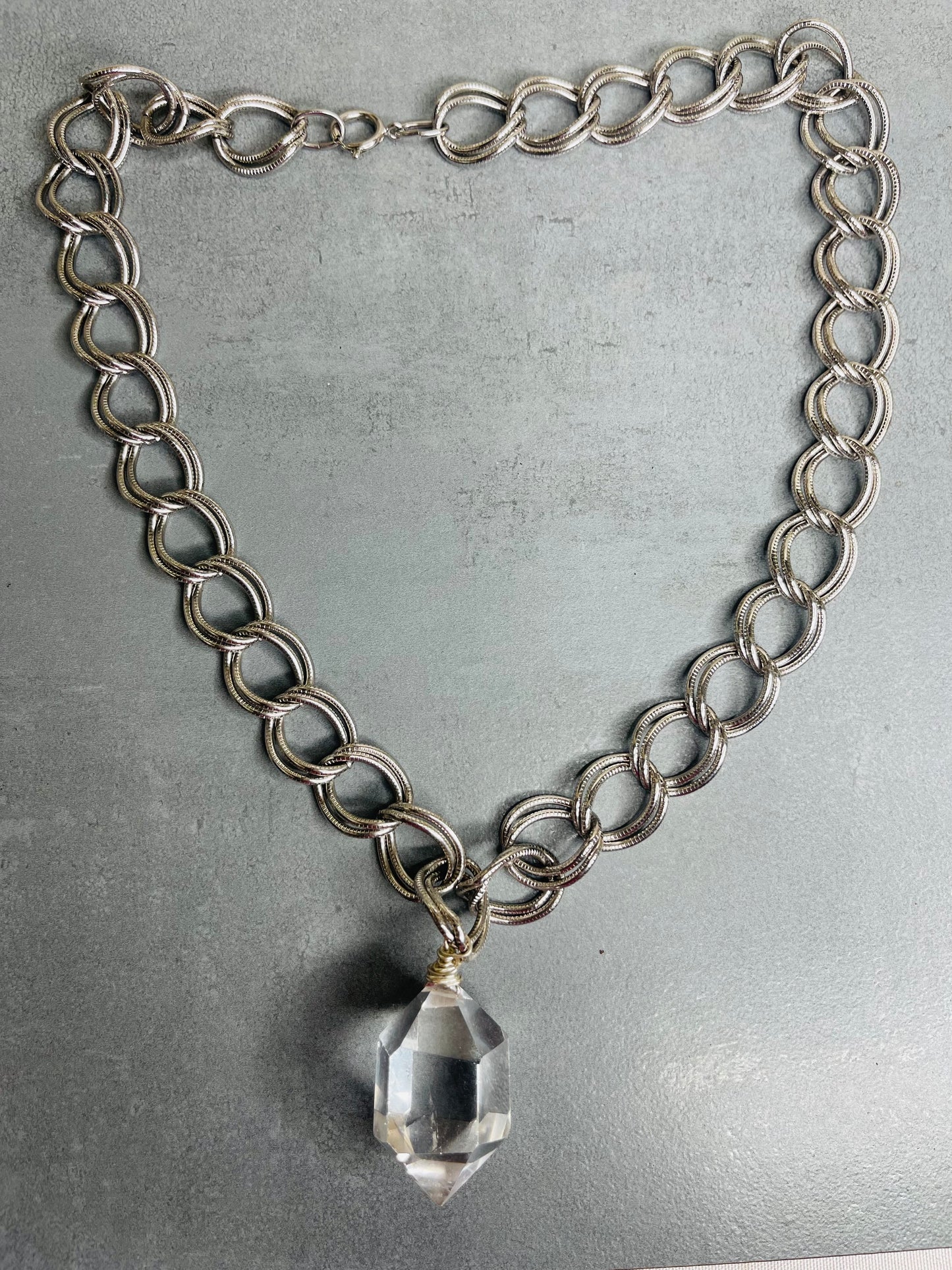 Renaissance Silver Bey 
Chunky Gem Cut Clear Quartz Soul  Chain w Vintage Silver Plated Chain
