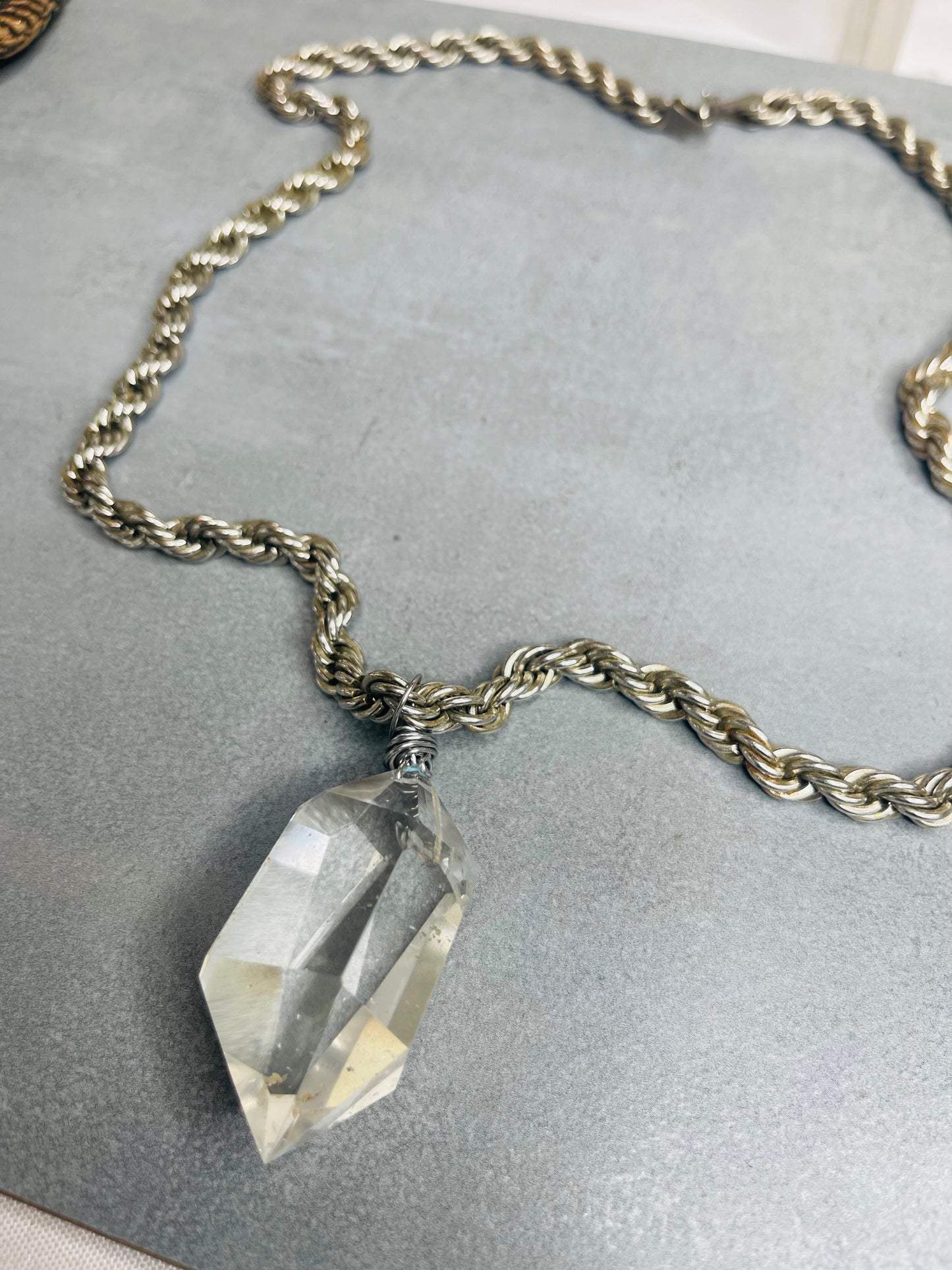 Renaissance Silver Bey
Chunky Gem Cut Clear Quartz Soul Chain w Vintage Silver Plated Chain (Copy)