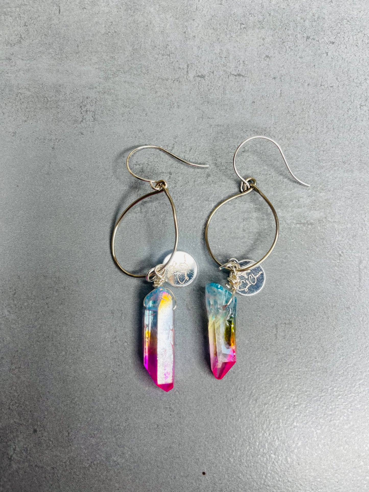Renaissance Silver Hoops Soul Chains Earrings- Titanium dipped clear Quartz