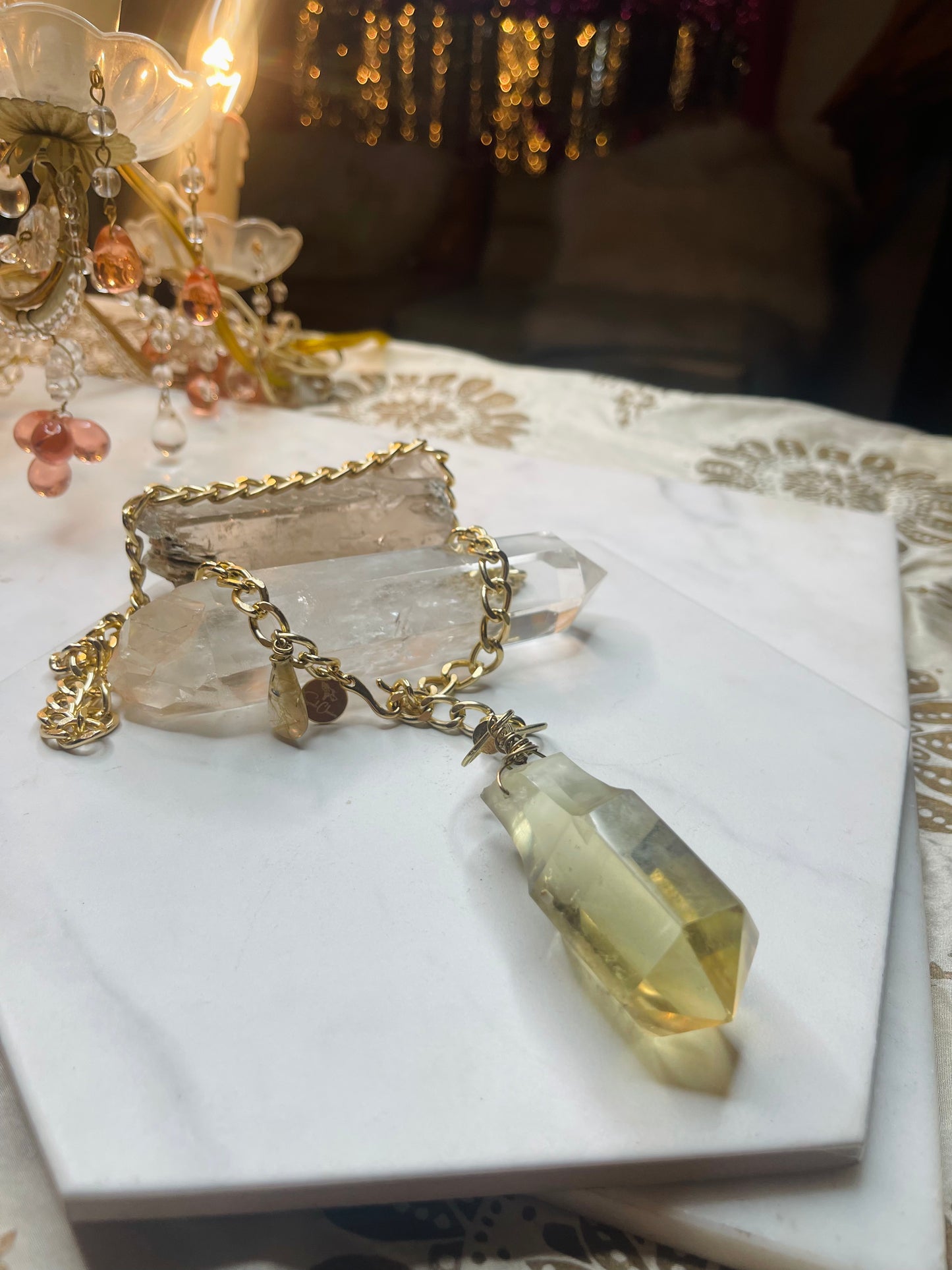 Y Drop Adjustable Lux Gem Cut & Very Rare Citrine & Rutile Quartz Hand wrapped on vintage chain