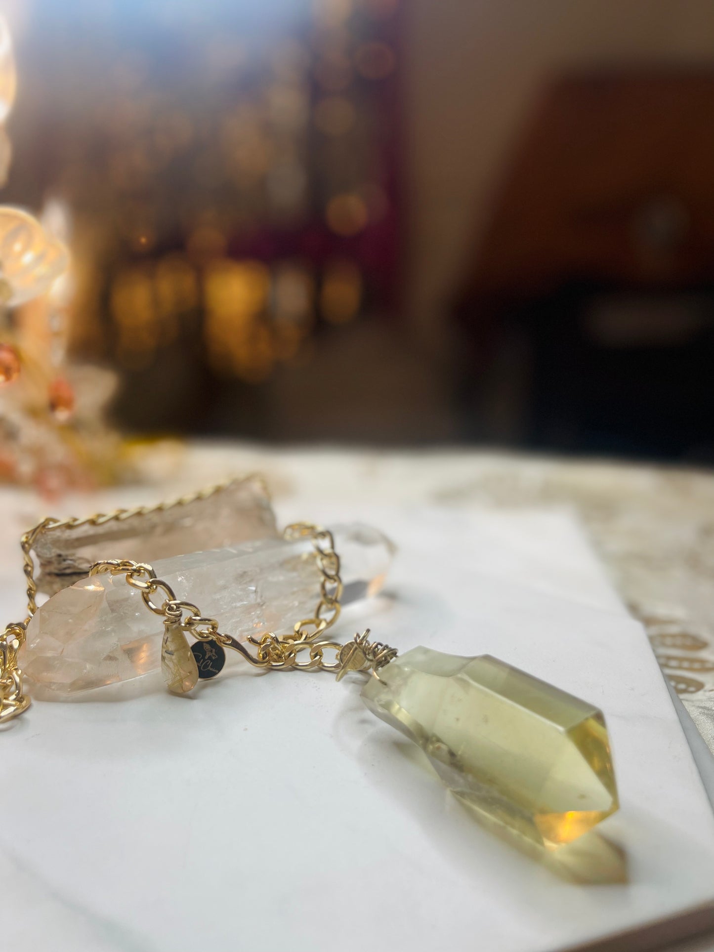 Y Drop Adjustable Lux Gem Cut & Very Rare Citrine & Rutile Quartz Hand wrapped on vintage chain