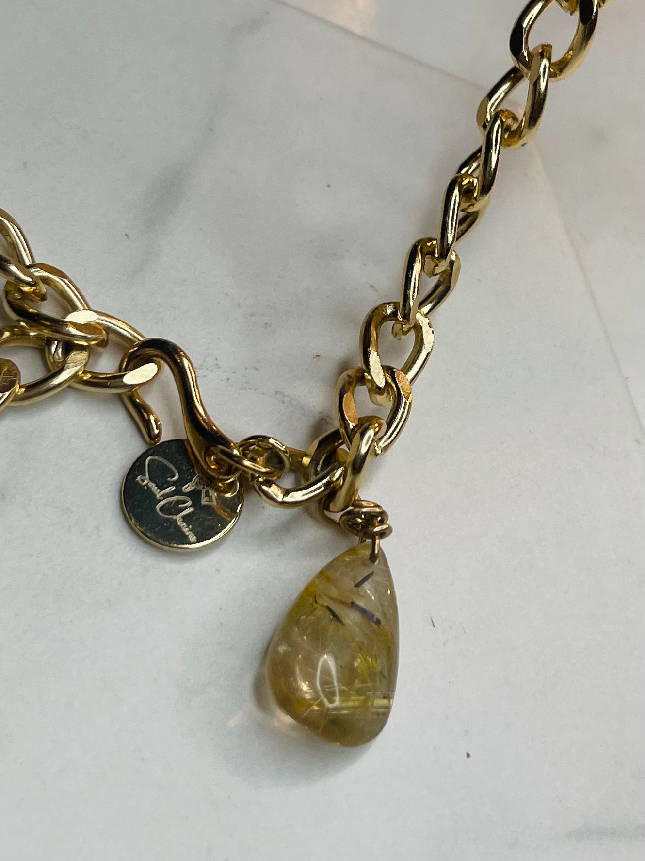 Y Drop Adjustable Lux Gem Cut & Very Rare Citrine & Rutile Quartz Hand wrapped on vintage chain
