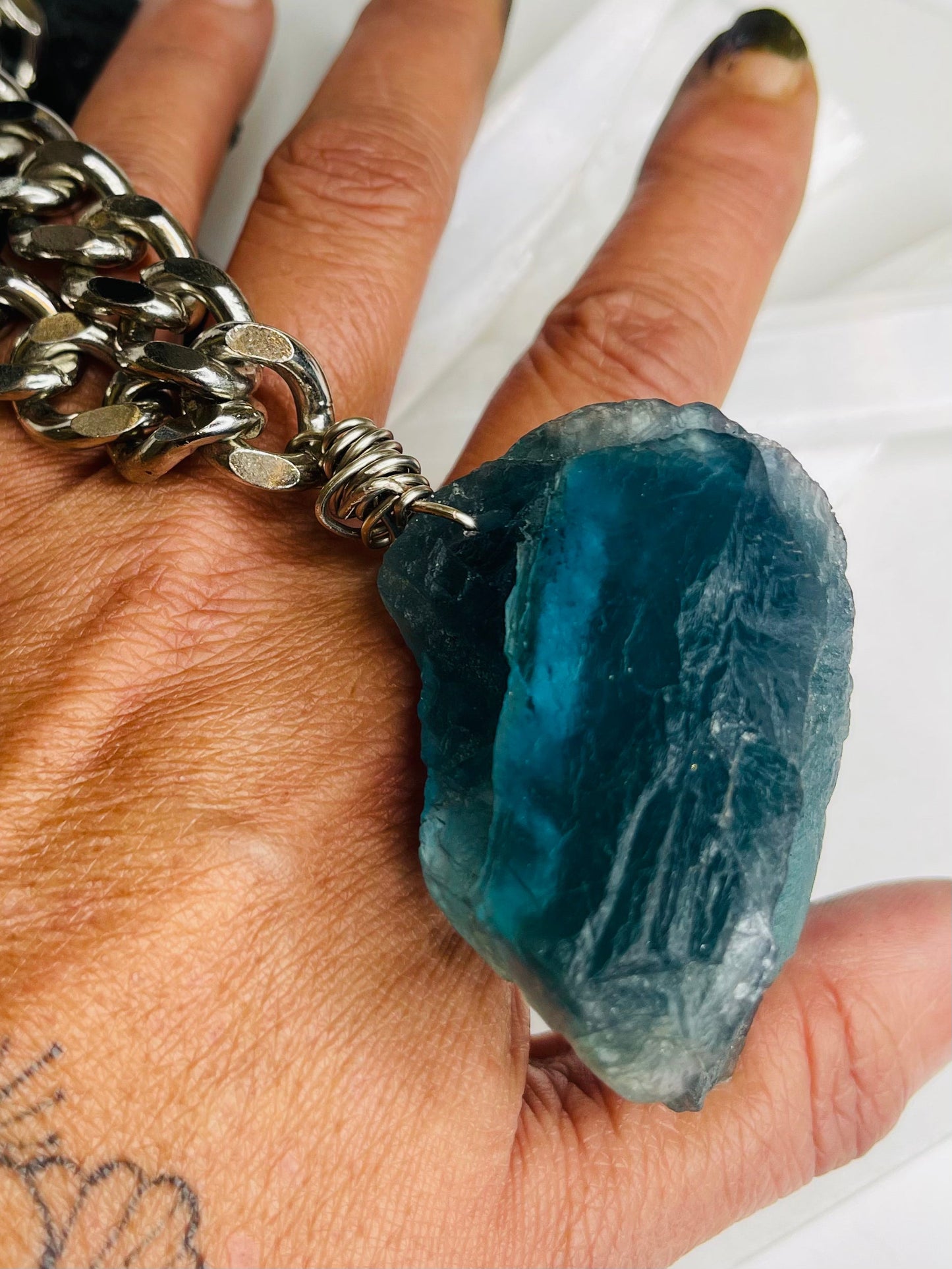 Renaissance Silver Blue Rainbow Fluorite - Vintage Silver Plated Chain