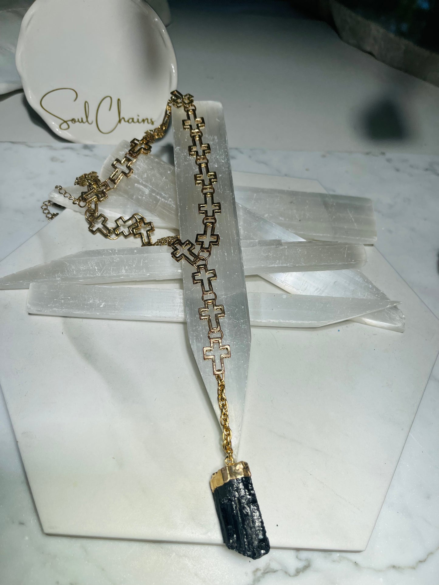 Black Tourmaline Cross Soul Chain with Gold plated Vintage Necklace
