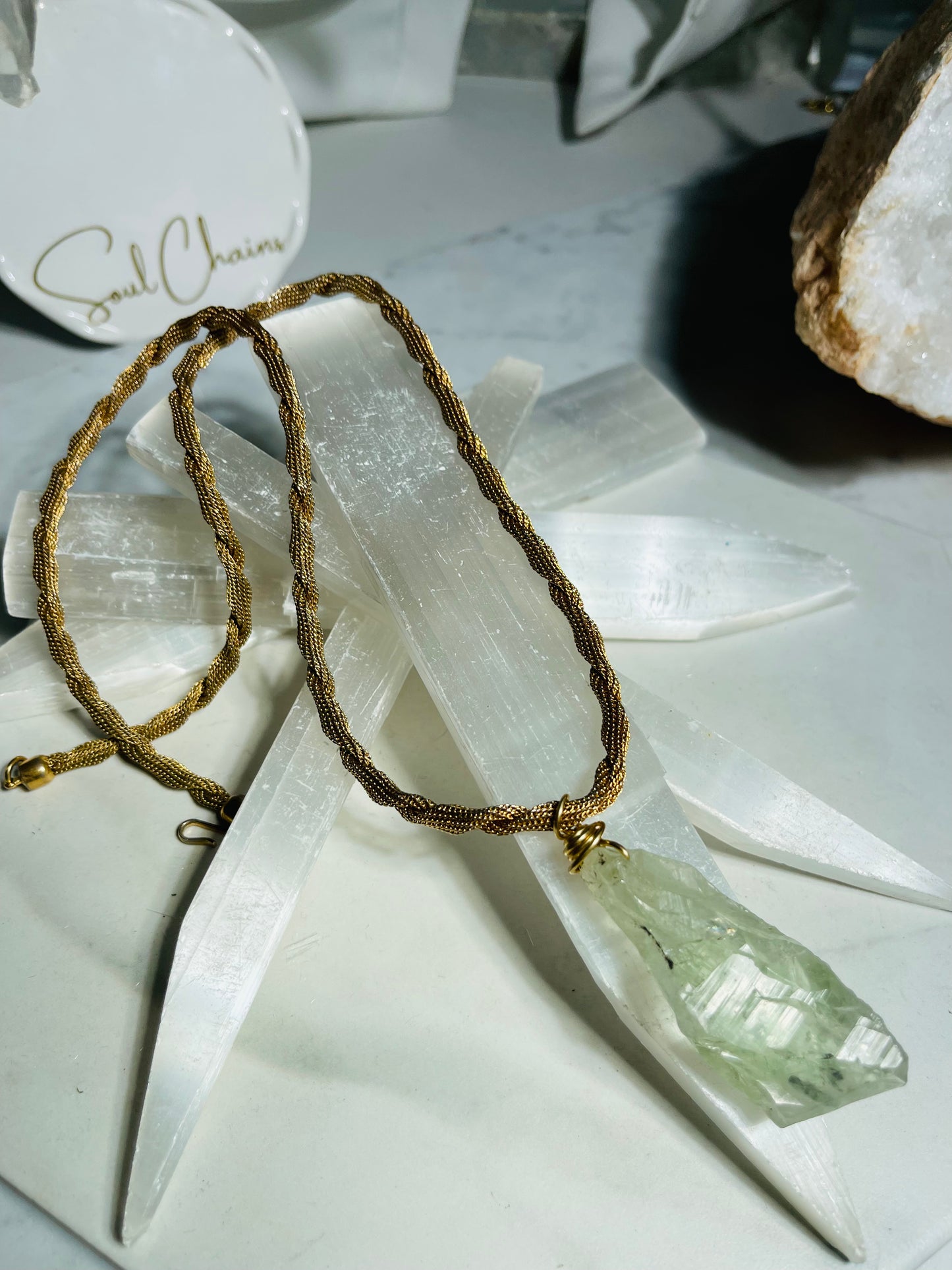 Lux Prasiolite Crystal Soul Chain Necklace - Vintage Gold Chain- Akashic Records Collection