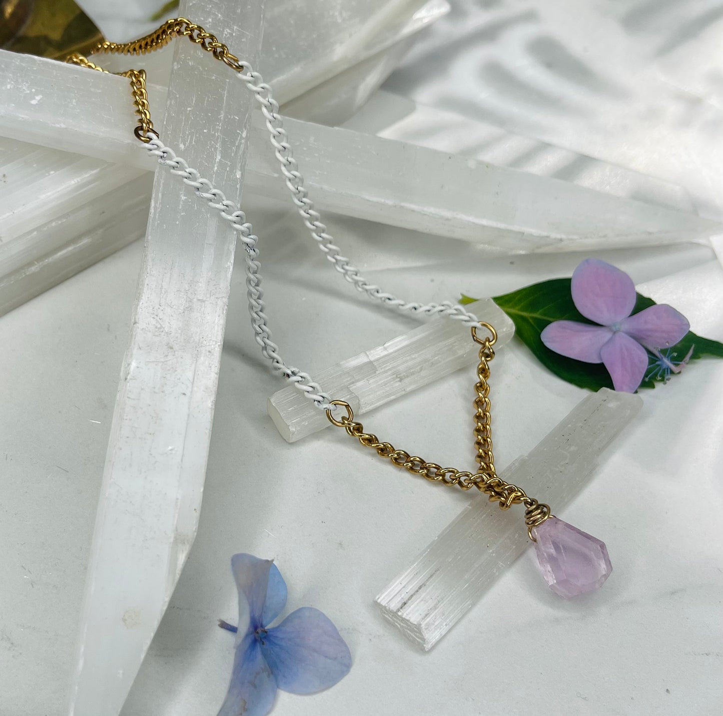 3rd Eye Dainty Baby Gold Soul Chain w, Faceted Kunzite