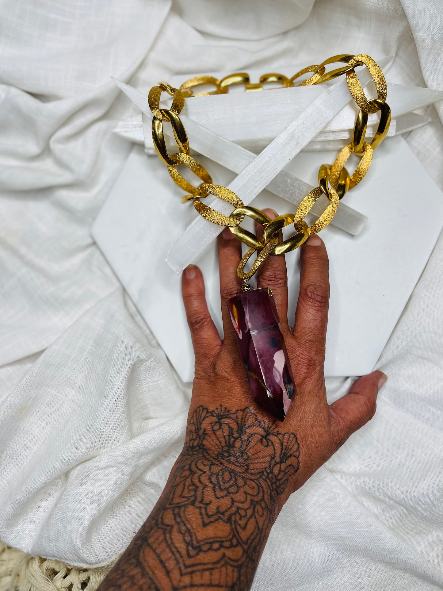 Lower Chakras Mookaite Crystal Soul Chain Necklace - Vintage Gold Chain- Akashic Records Collection
