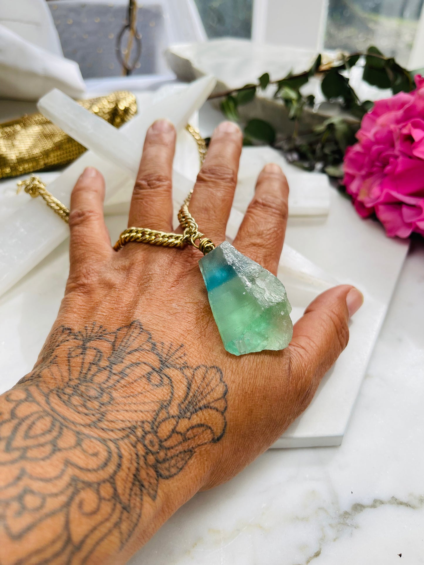 Chunky Raw Rainbow Fluorite Crystal Nugget - Vintage Gold Soul Chain Necklace