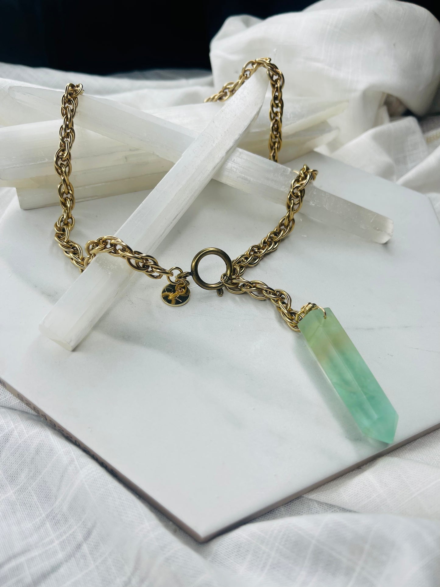 Green Rainbow Fluorite Crystal Gold Soul Chain Necklace