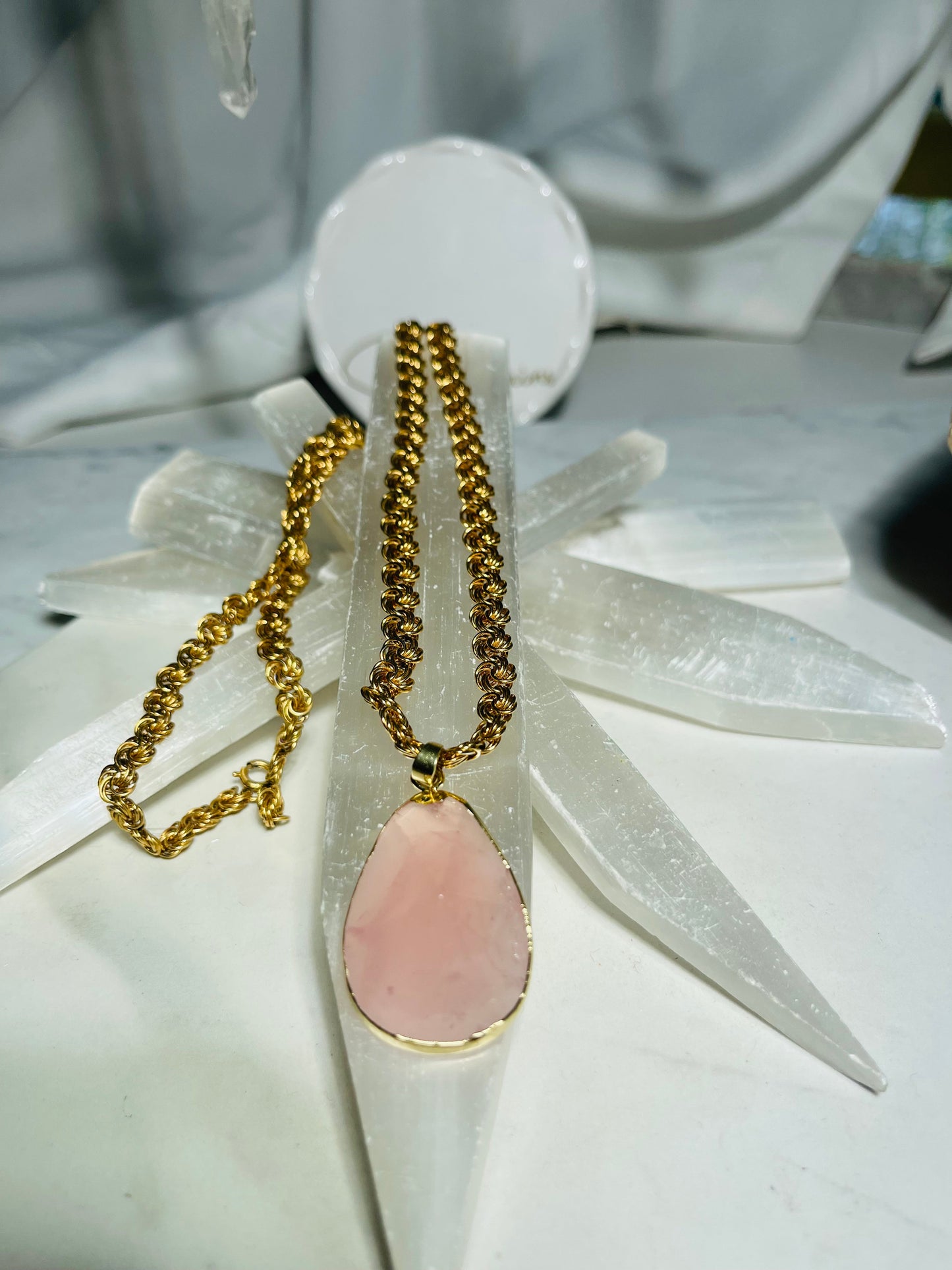 Heart Chakra Soul Chain Rose Quartz Crystal Gold Plated Soul Chain