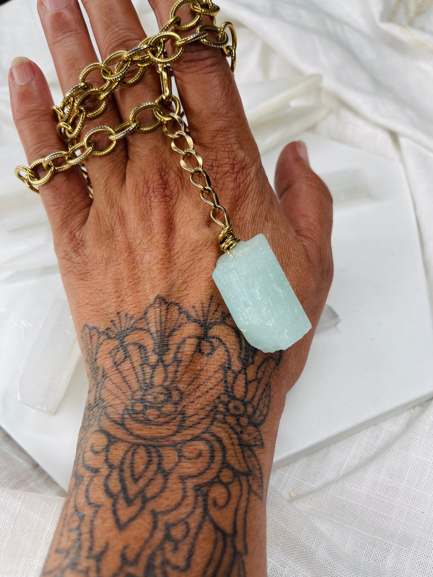 Throat Chakra Raw Aquamarine w Vintage Gold Plated Necklace