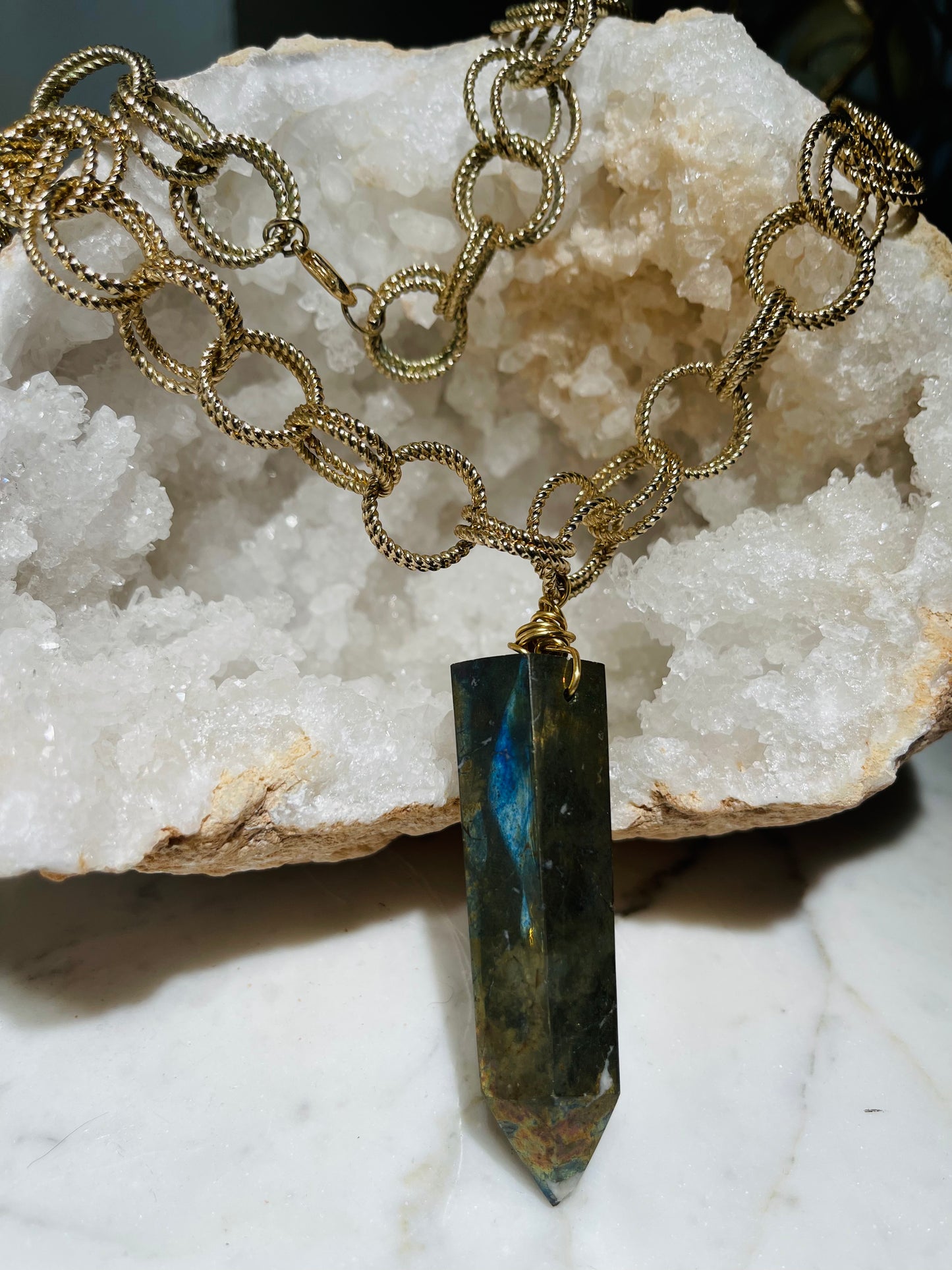 Chunky and Massive Aura Pyrite Crystal Soul Chain Necklace - Silver Plated Chain- Akashic Records Collection