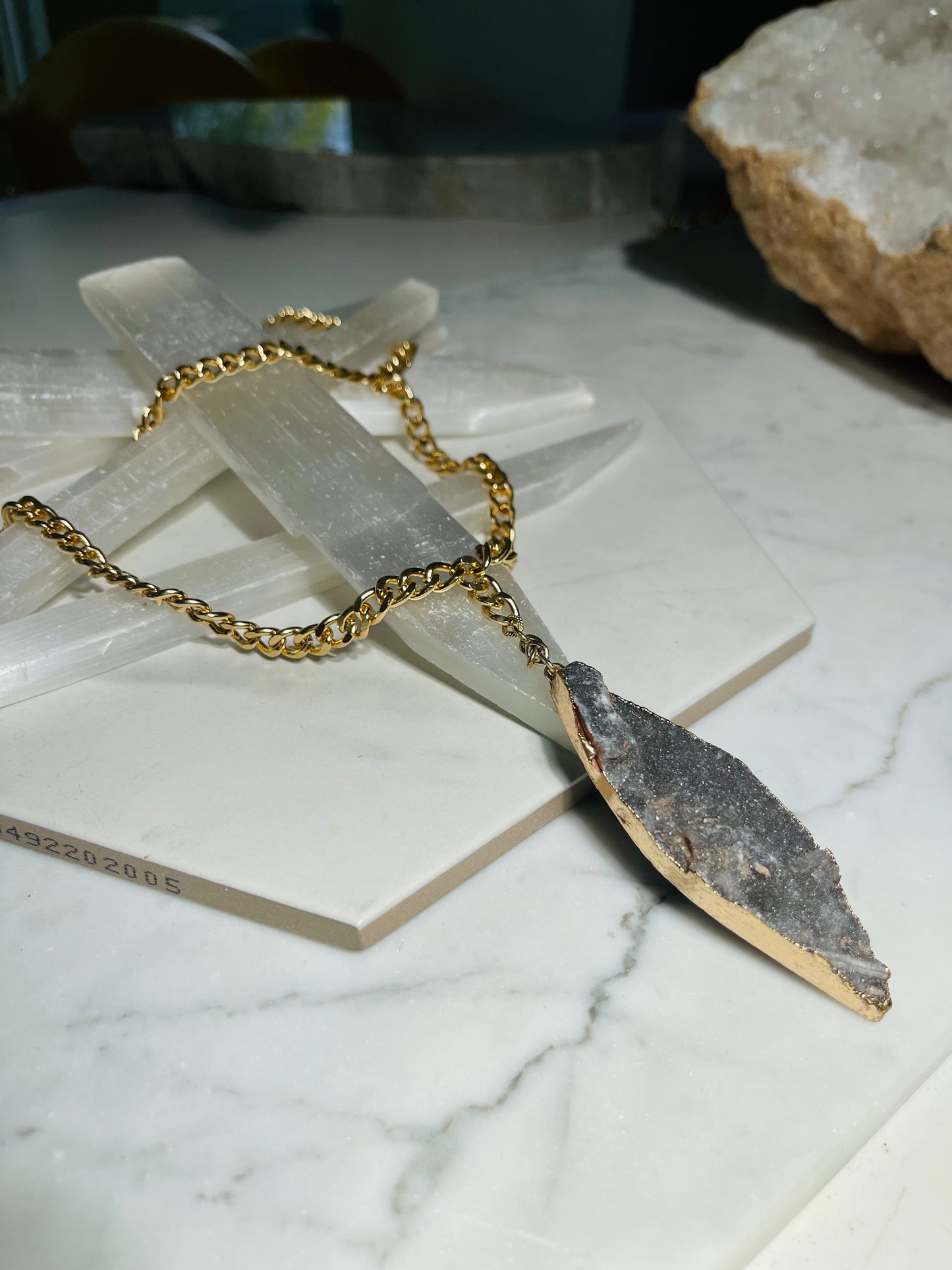 Charcoal Lux Druzy Gem Clear Quartz Crystal Soul Chain