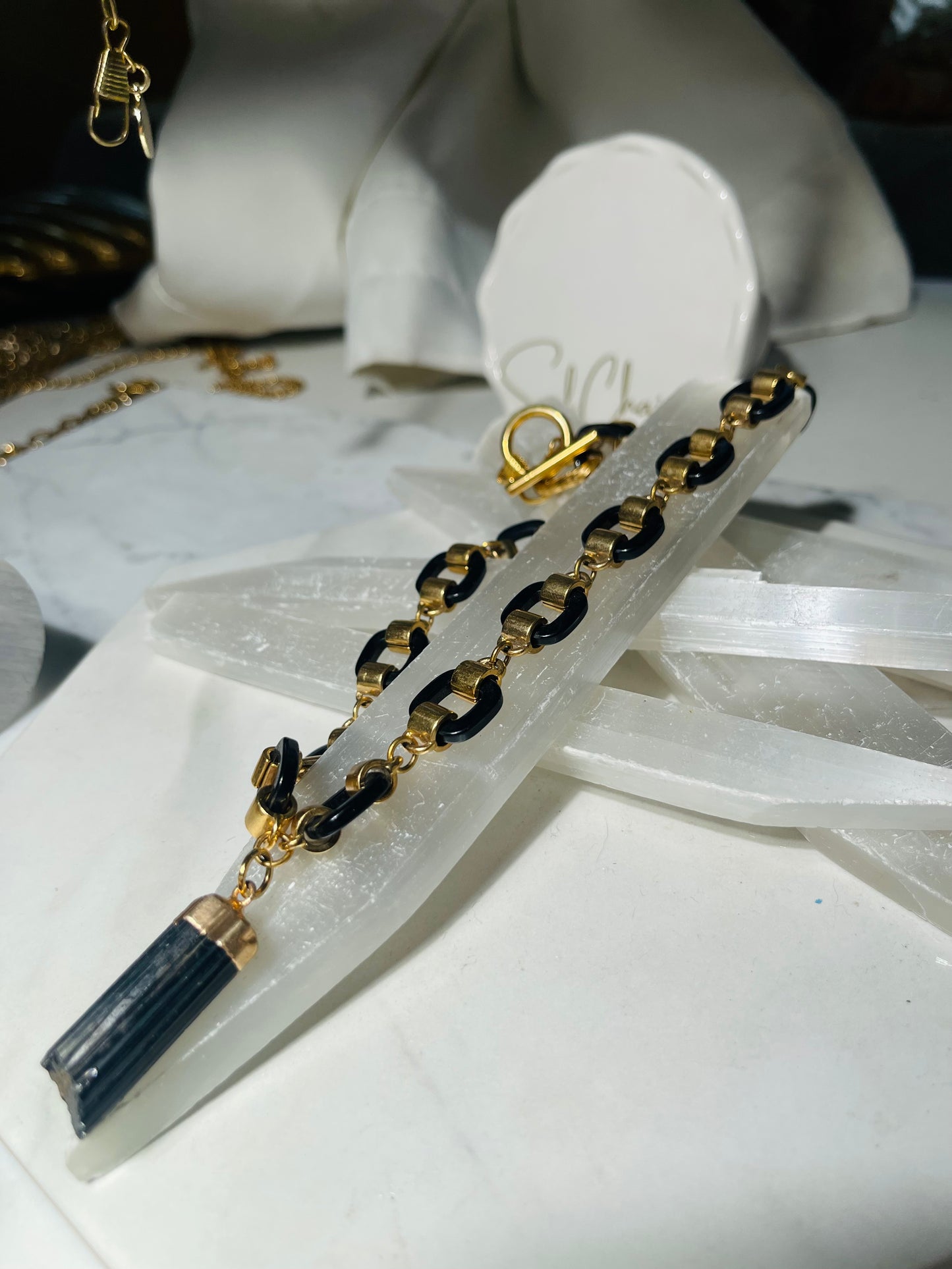 Black Tourmaline Soul Chain with Gold plated Vintage Necklace