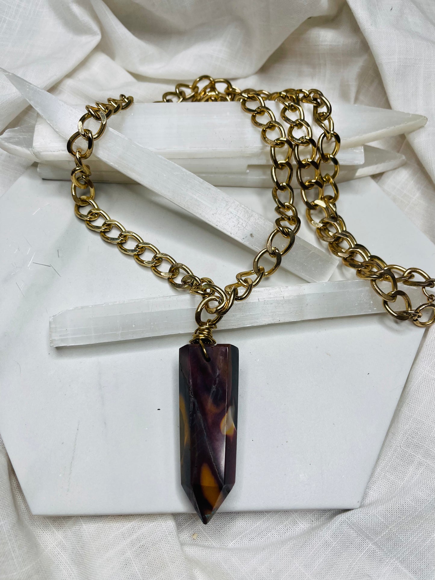 Massively Gorgeous Multihued Mookaite Crystal Soul Chain Necklace - Vintage Gold Chain- Akashic Records Collection