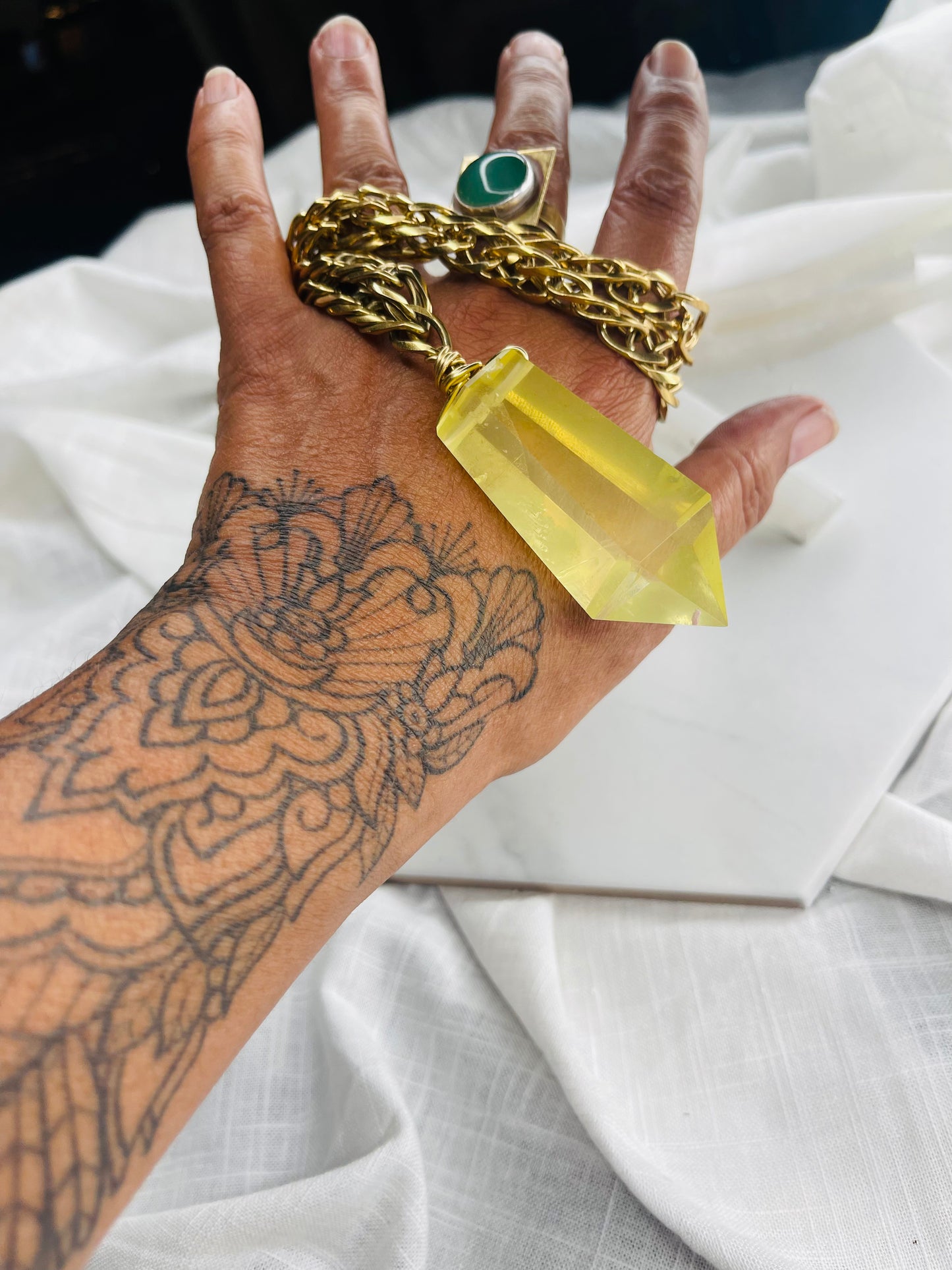 Brilliant Rare Lux Gem Cut & Very Rare Citrine Hand wrapped on vintage chain