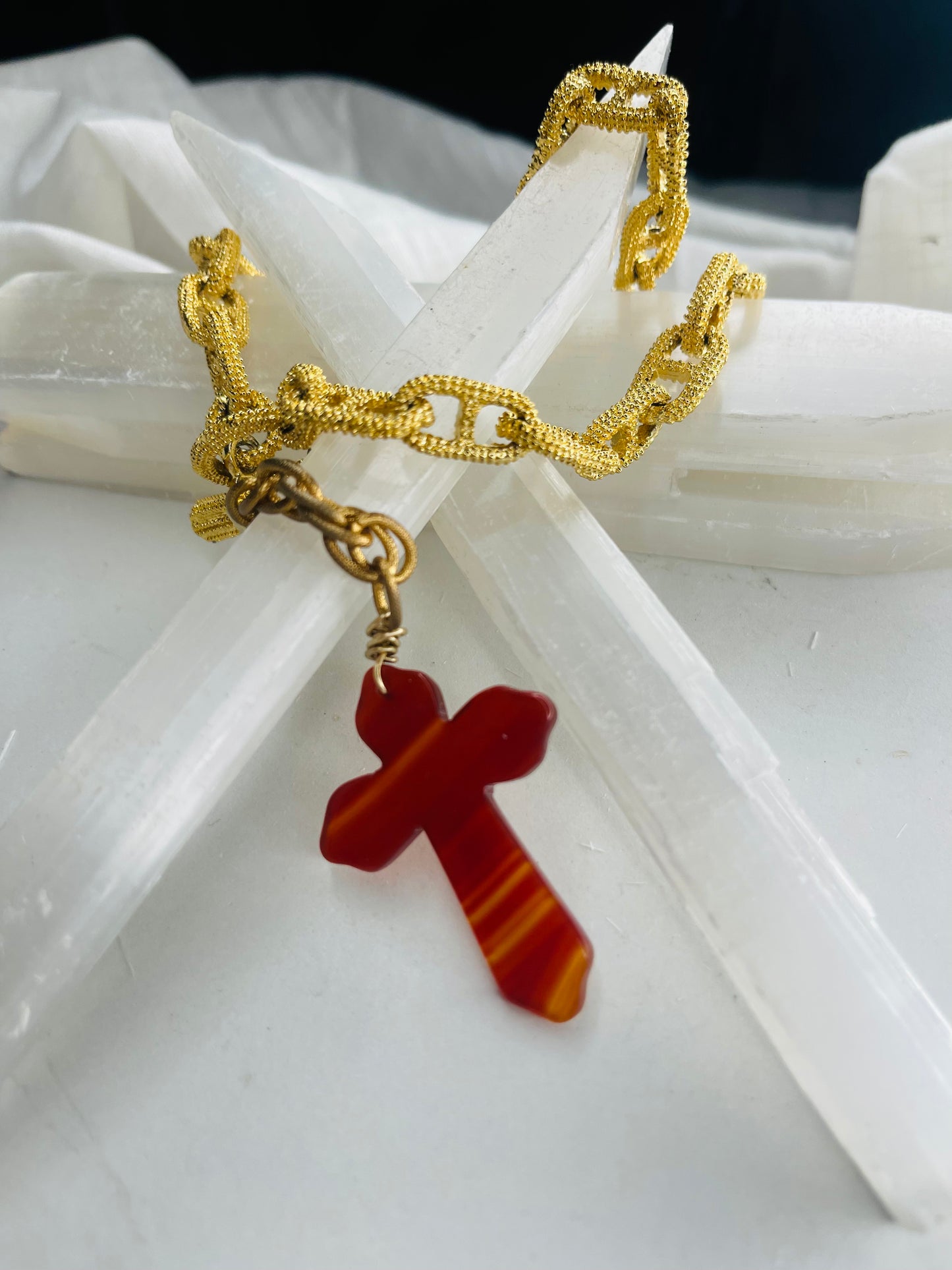 Carnelian Cross Soul Chain w Vintage Gold Plated Chain