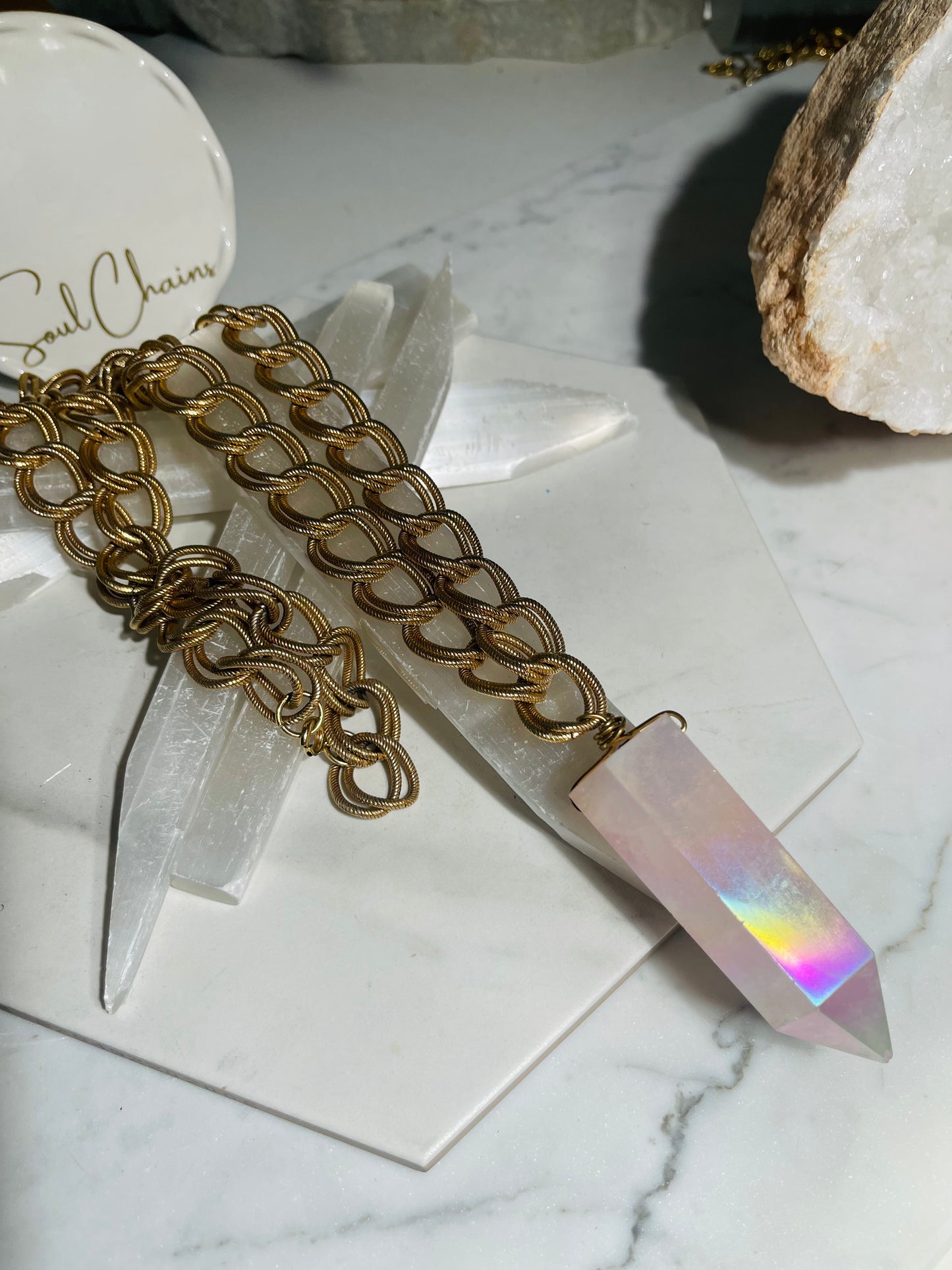 Chunky Heart Chakra Soul Chain w Aura Rose Quartz Crystal and Vintage Gold Plated Chain