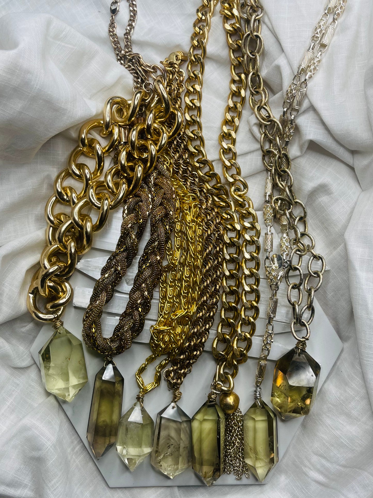 Chevron & Rainbow Inclusions Gem Cut & Very Rare Citrine Hand wrapped on vintage chain
