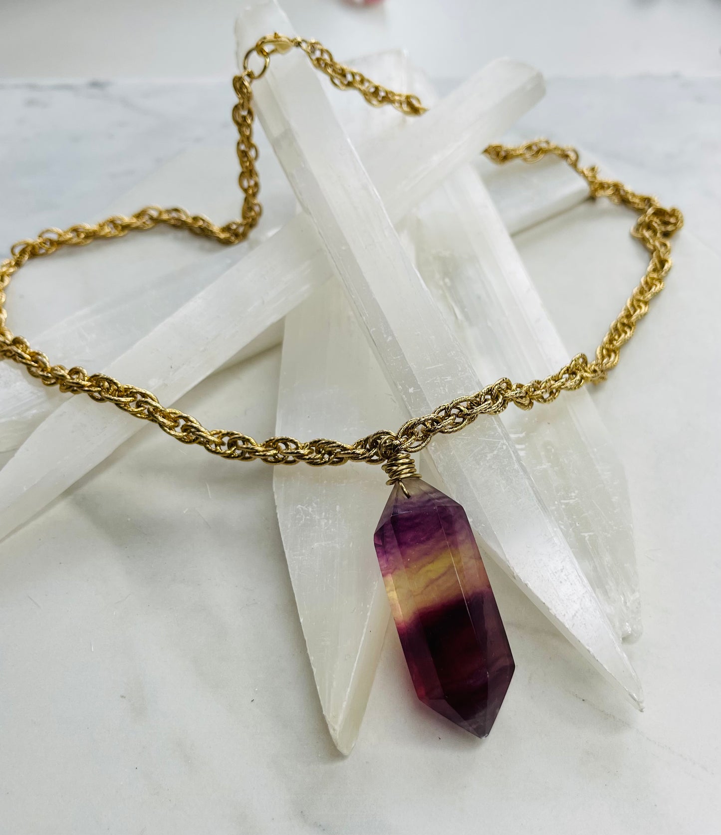Double Terminated Rainbow Fluorite Crystal Nugget - Vintage Gold Soul Chain Necklace