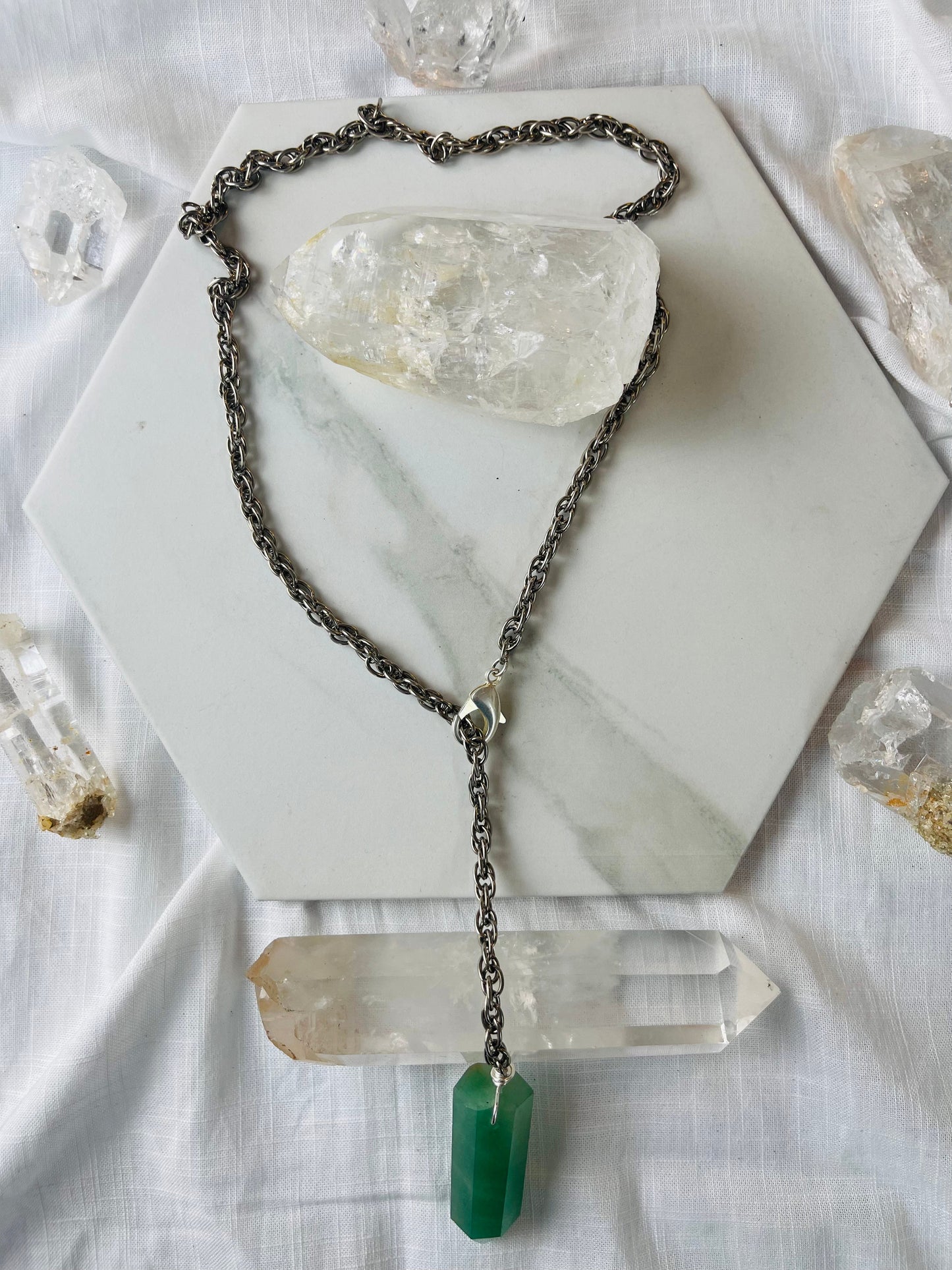 Renaissance Silver Bey
Heart Chakra Chunky 247 Silver Plated Soul Chain w Green Aventurine Crystal Necklace