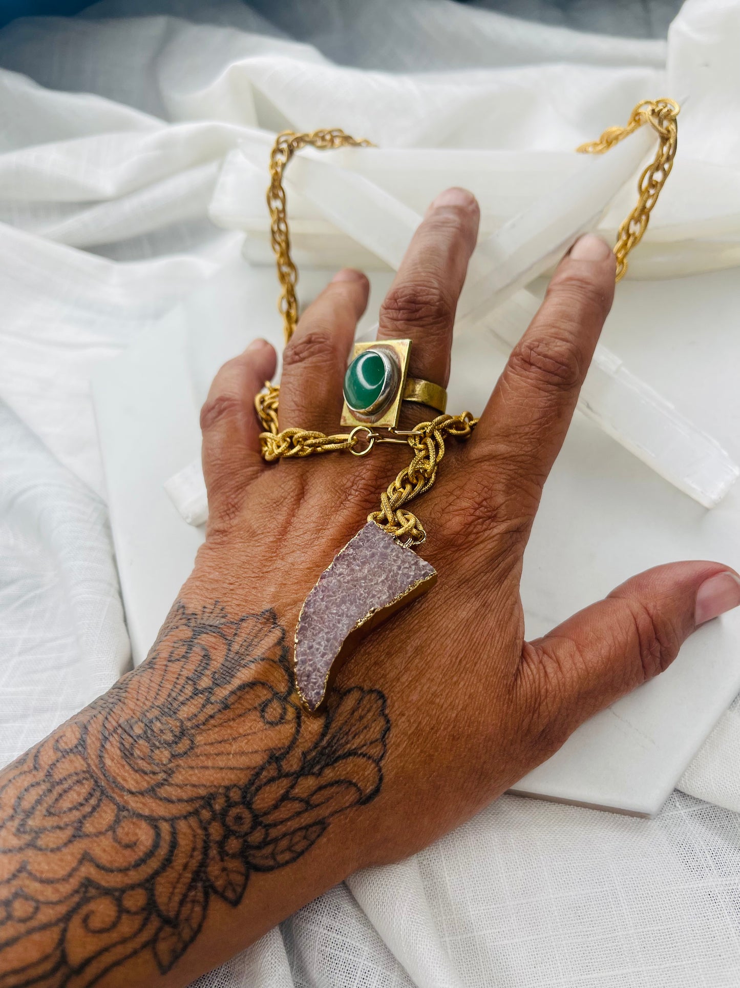 Heart Chakra Pink Amethyst Druzy Crystal Soul Chain Necklace w 24k Electroplated
