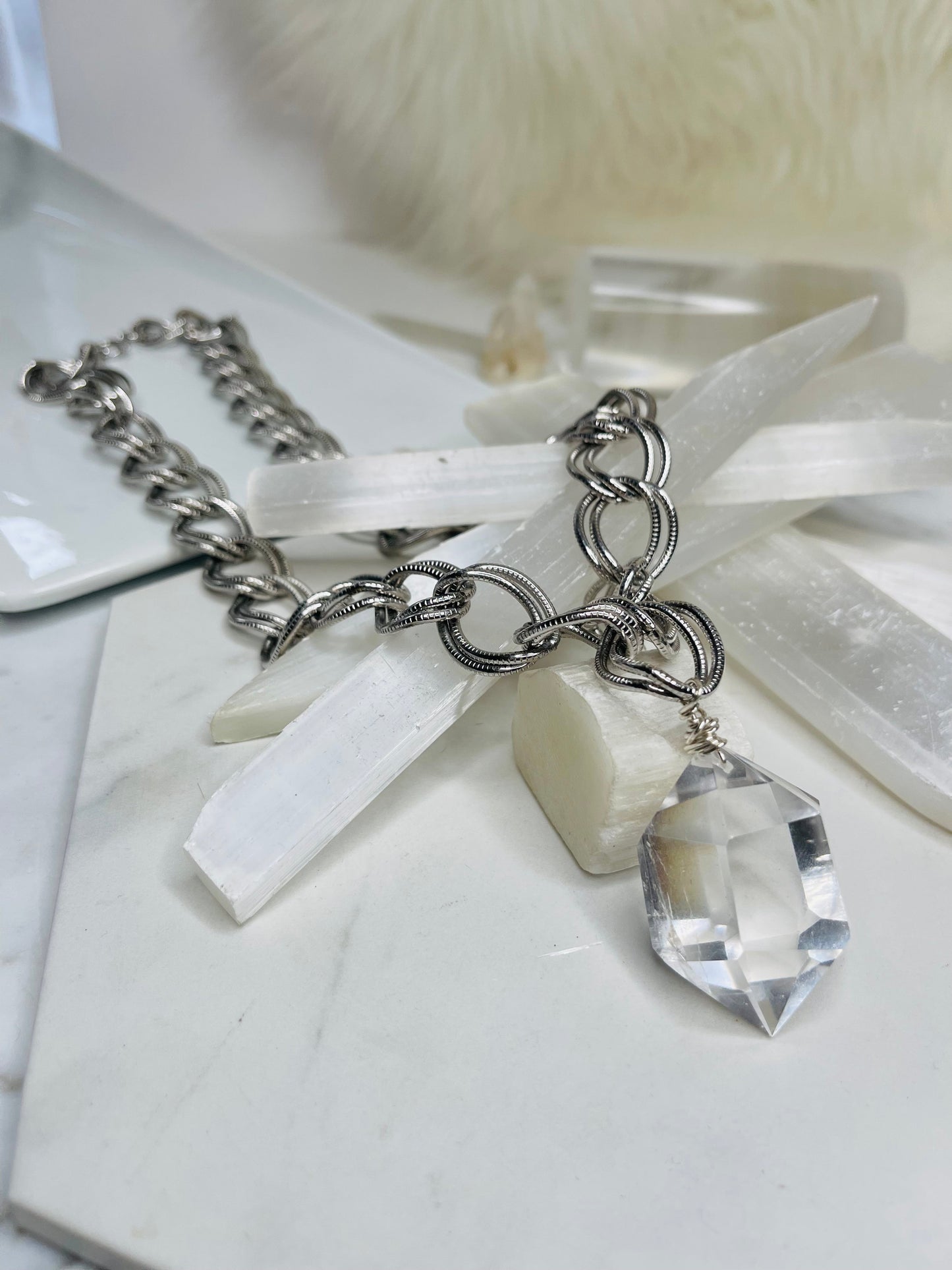 Renaissance Silver Bey
Chunky Gem Cut Clear Quartz Soul Chain w Vintage Silver Plated Chain