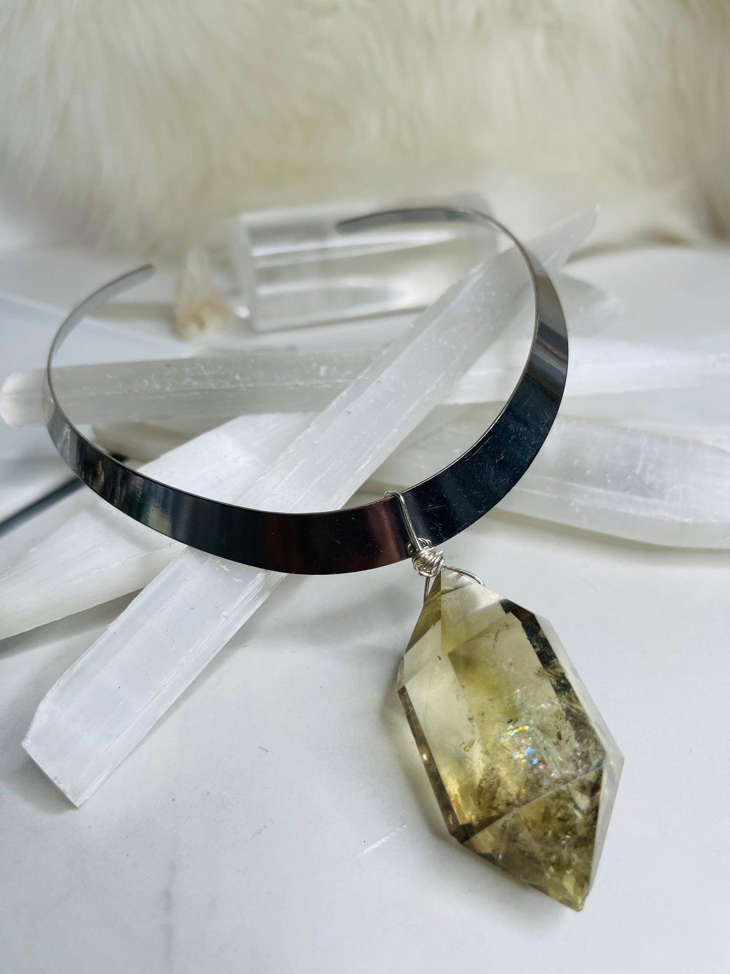 Renaissance silver- Gem Cut Citrine Soul Chain Necklace Hand wrapped on vintage chain