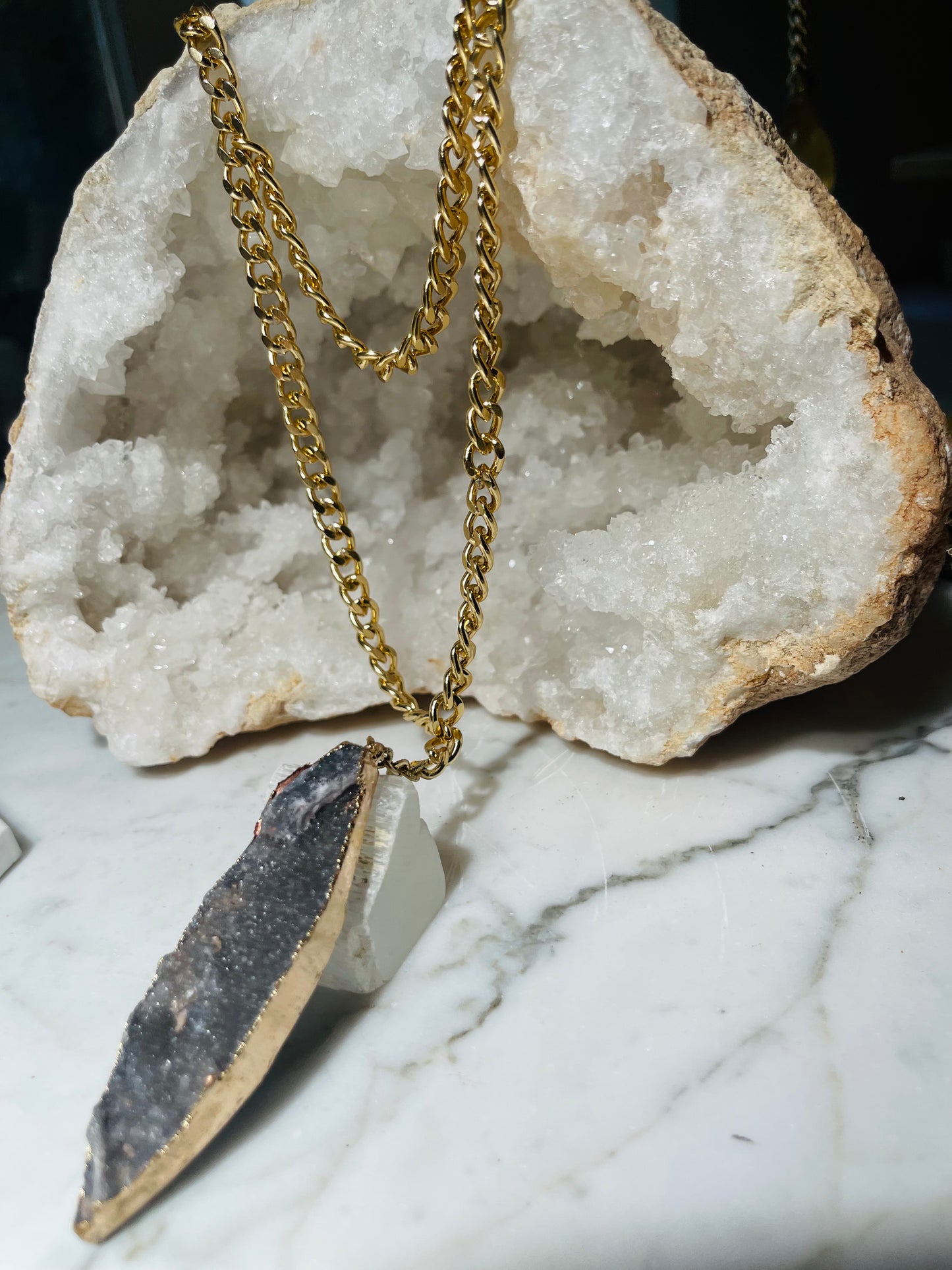 Charcoal Lux Druzy Gem Clear Quartz Crystal Soul Chain
