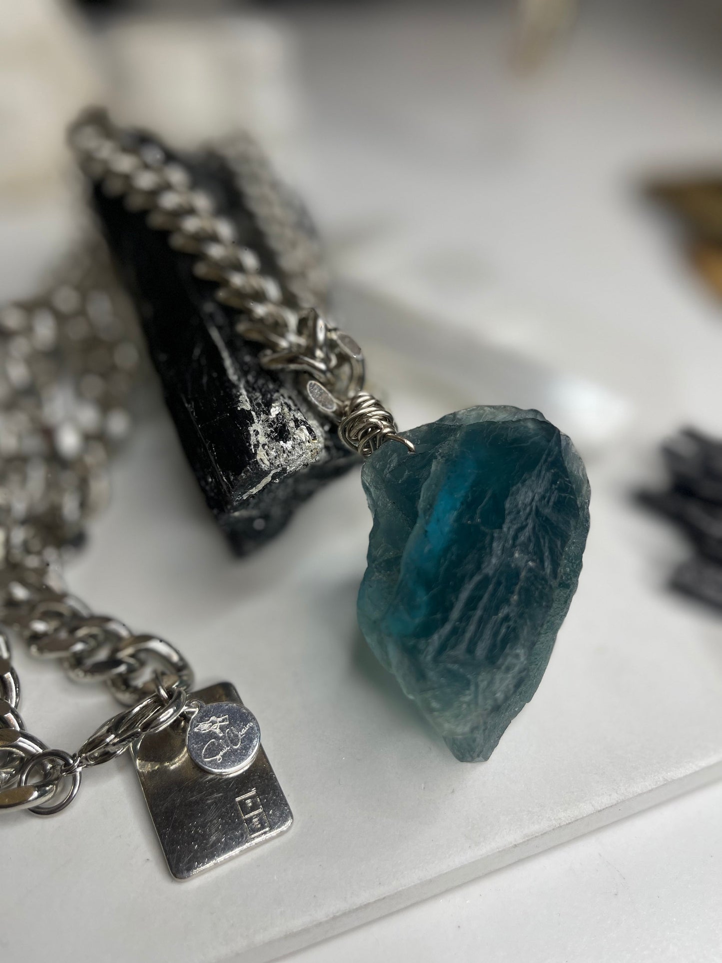 Renaissance Silver Blue Rainbow Fluorite - Vintage Silver Plated Chain