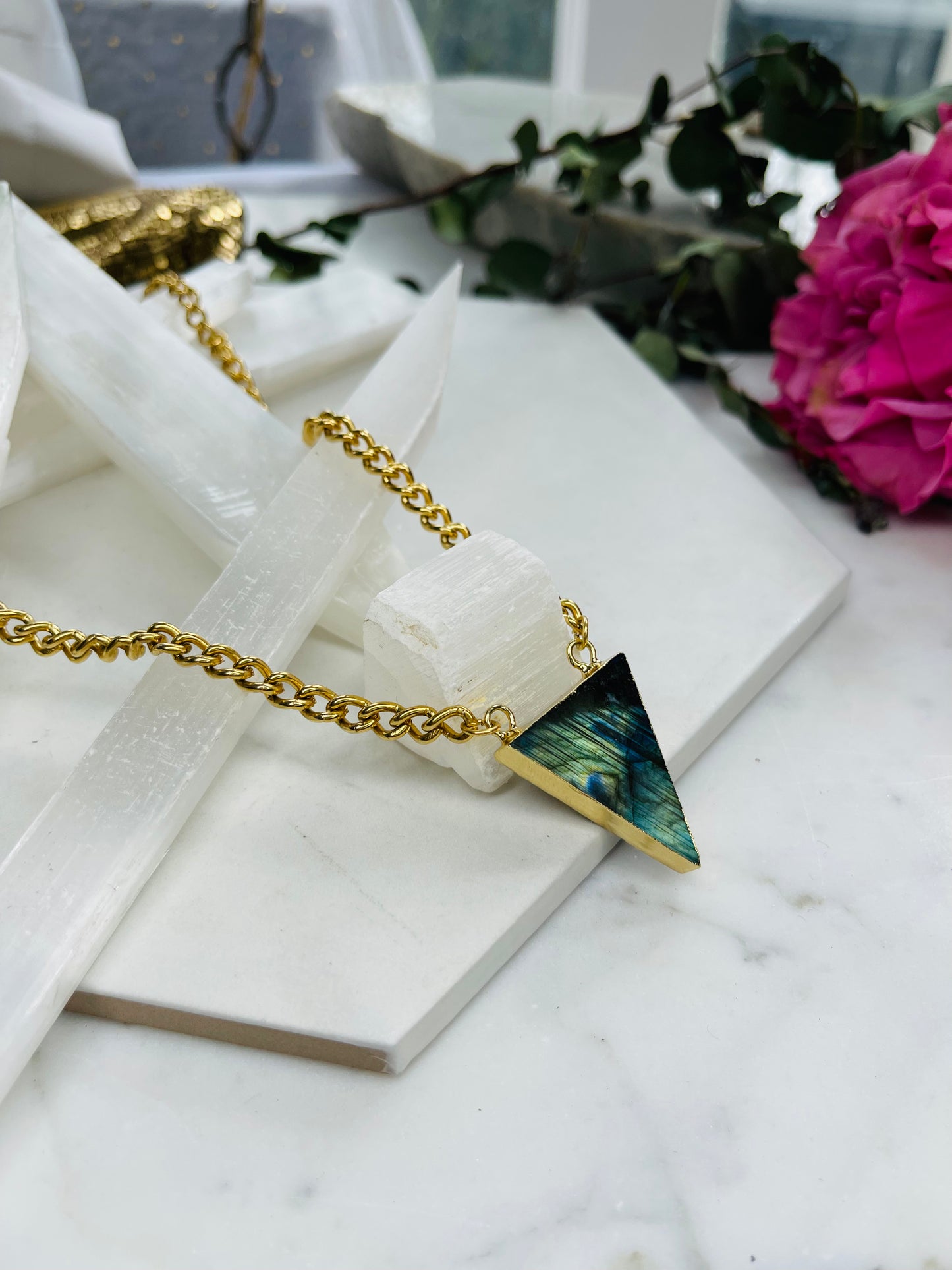 Labradorite Crystal Soul Chain Necklace - Vintage Silver Plated Chain- Akashic Records Collection