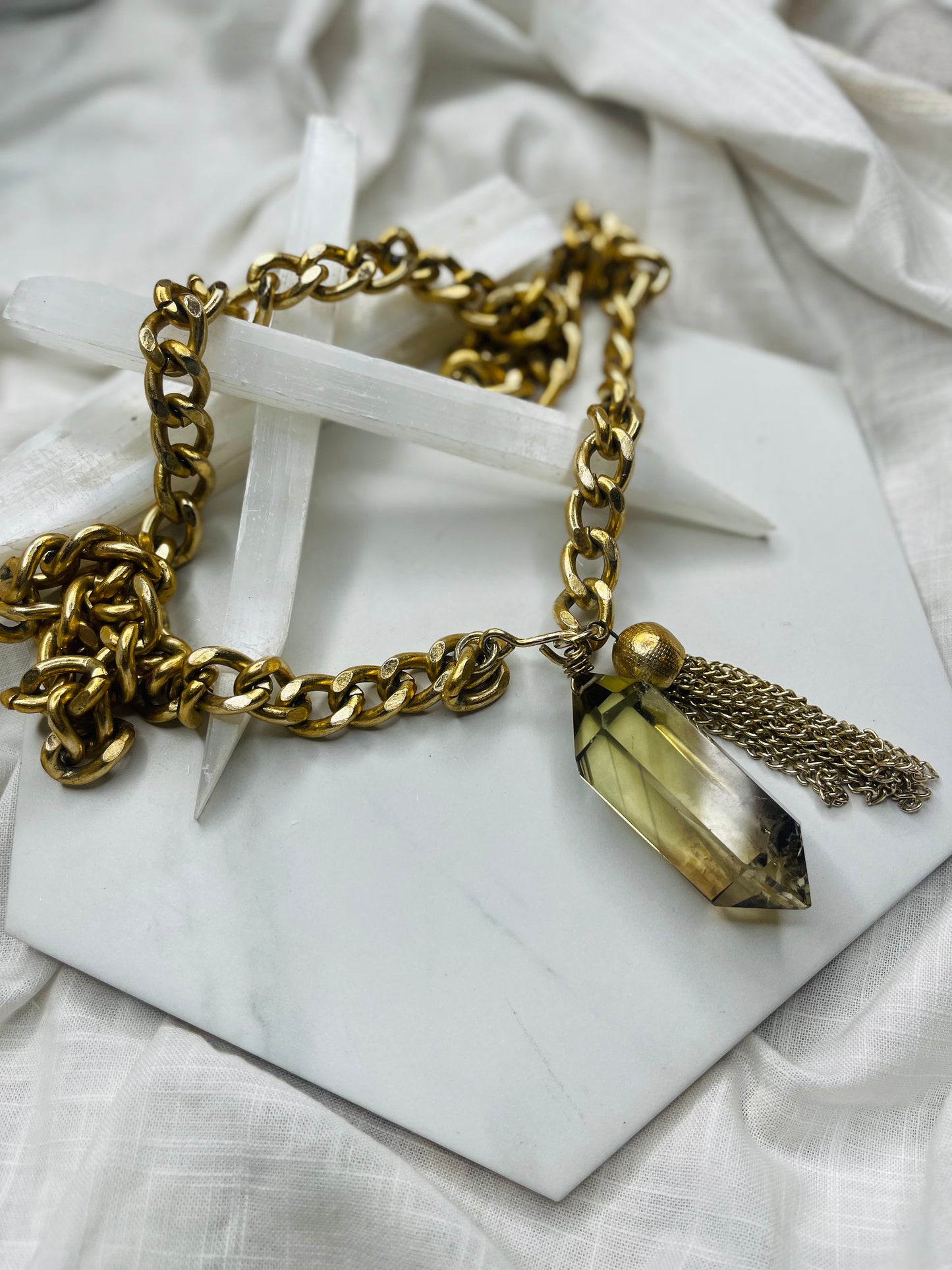 Chevron & Rainbow Inclusions Gem Cut & Very Rare Citrine Hand wrapped on vintage chain