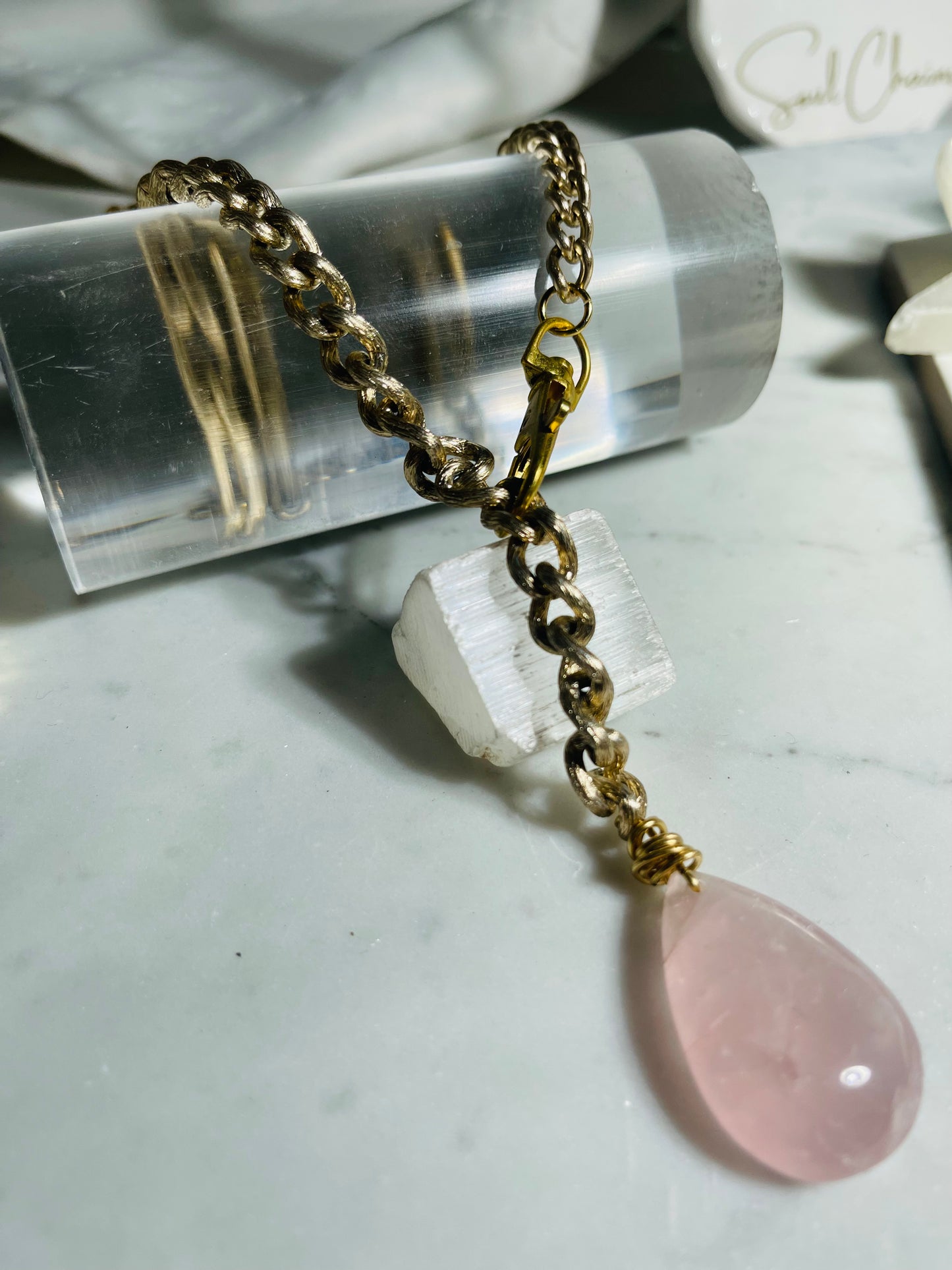 Heart Chakra Soul Chain Rose Quartz Crystal Gold Plated Soul Chain