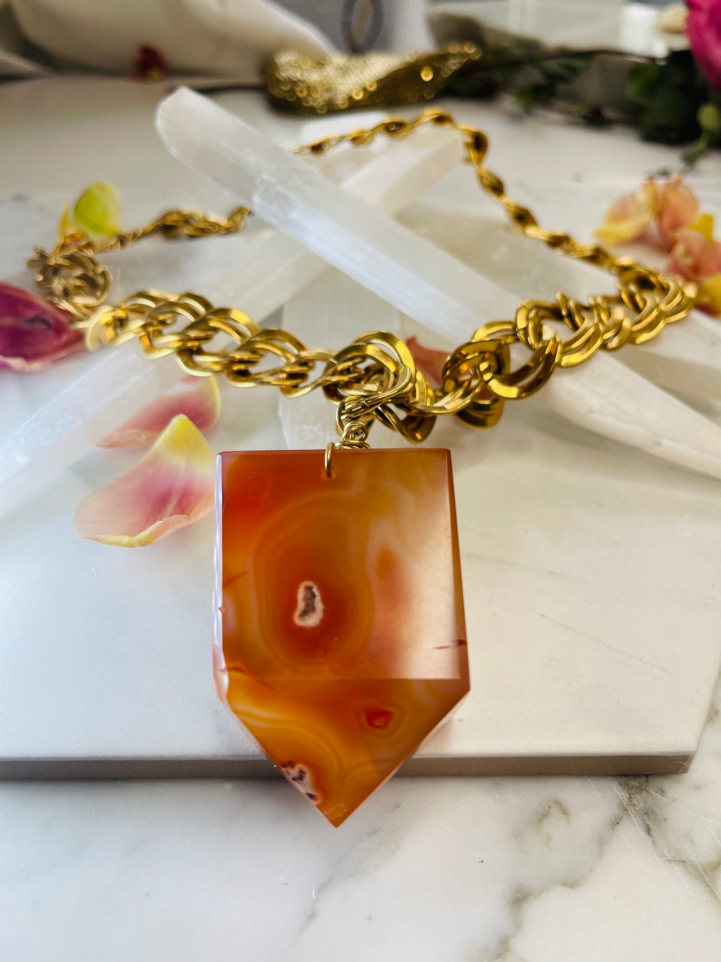 Massive Manifestations Sacral & Solar Chakra - Carnelian Soul Chain w Vintage Gold Plated Chain