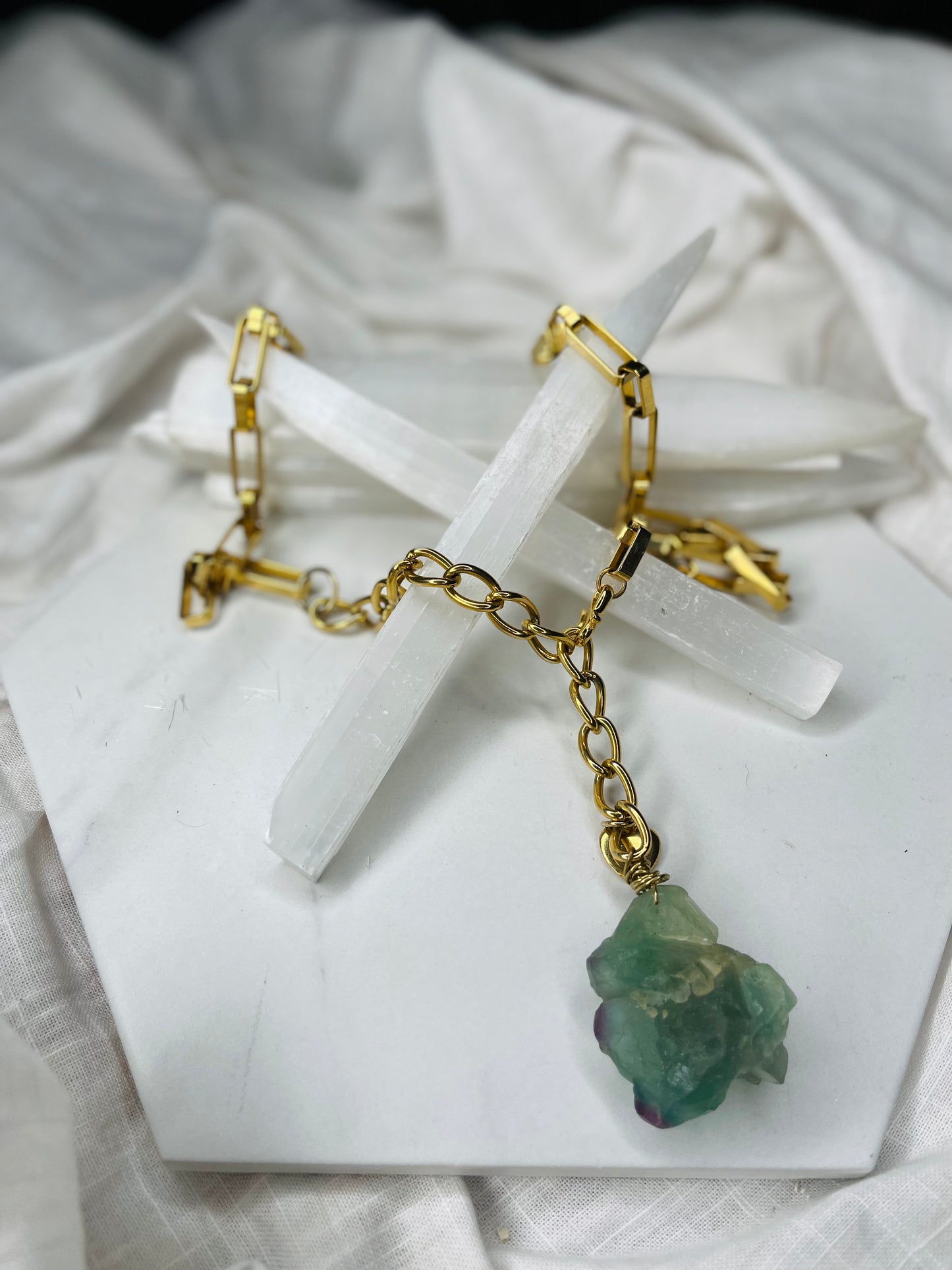 Raw Chunky Rainbow Fluorite Crystal Gold Soul Chain Necklace
